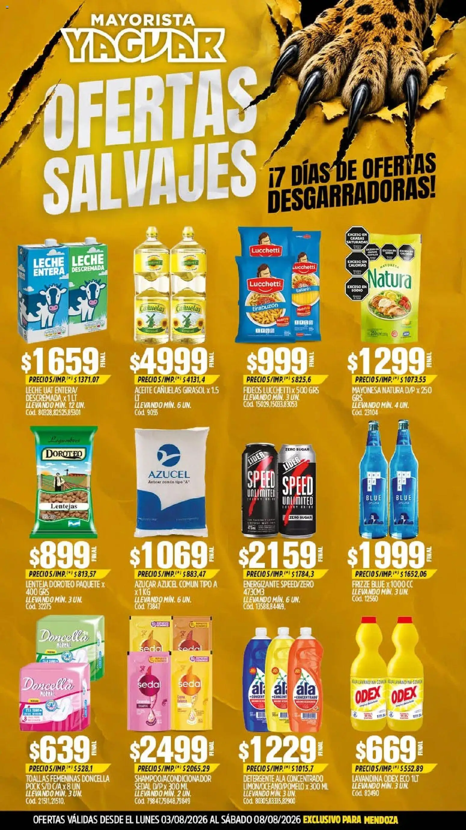 Yaguar - Oferta Semanal Mendoza │ válido desde el 03/08/2026 | Página: 1 | Productos: Toallas, Mayonesa, Leche, Fideos