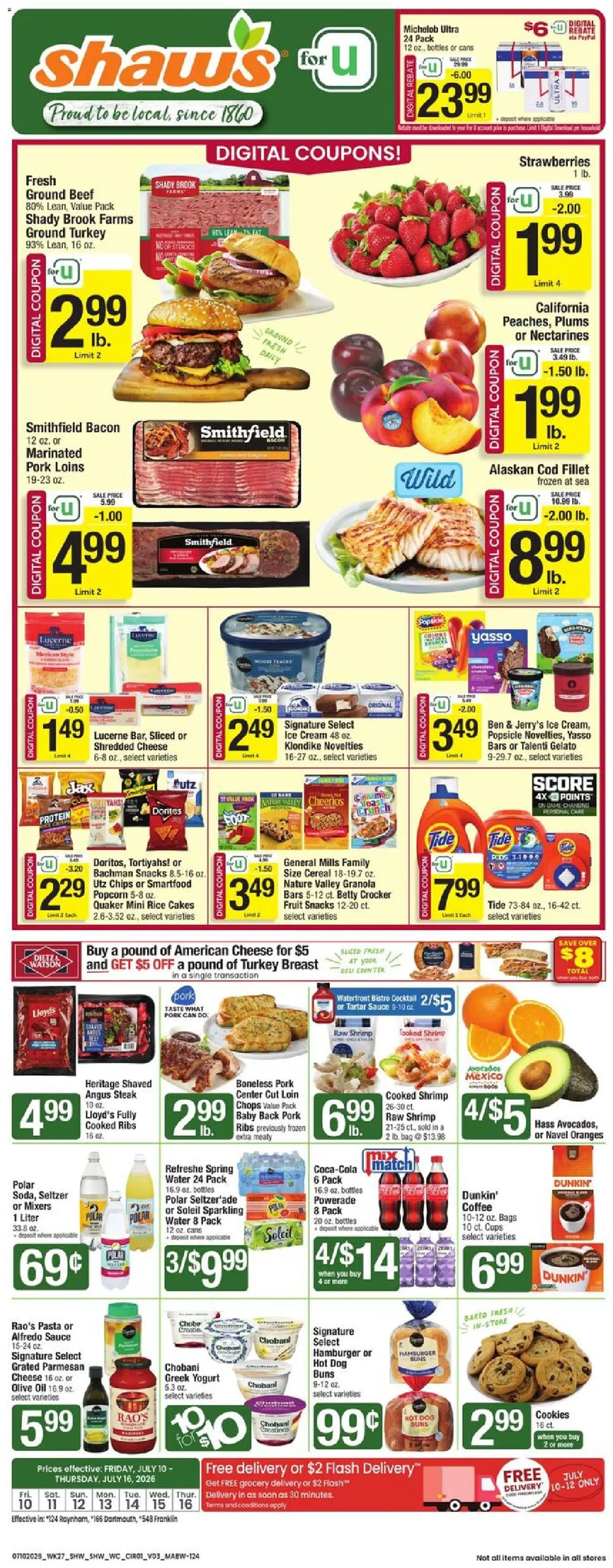 Shaw's Weekly Ad - MA - valid from 07/10/2026 | Page: 1 | Products: Coffee, Oranges, Water, Game
