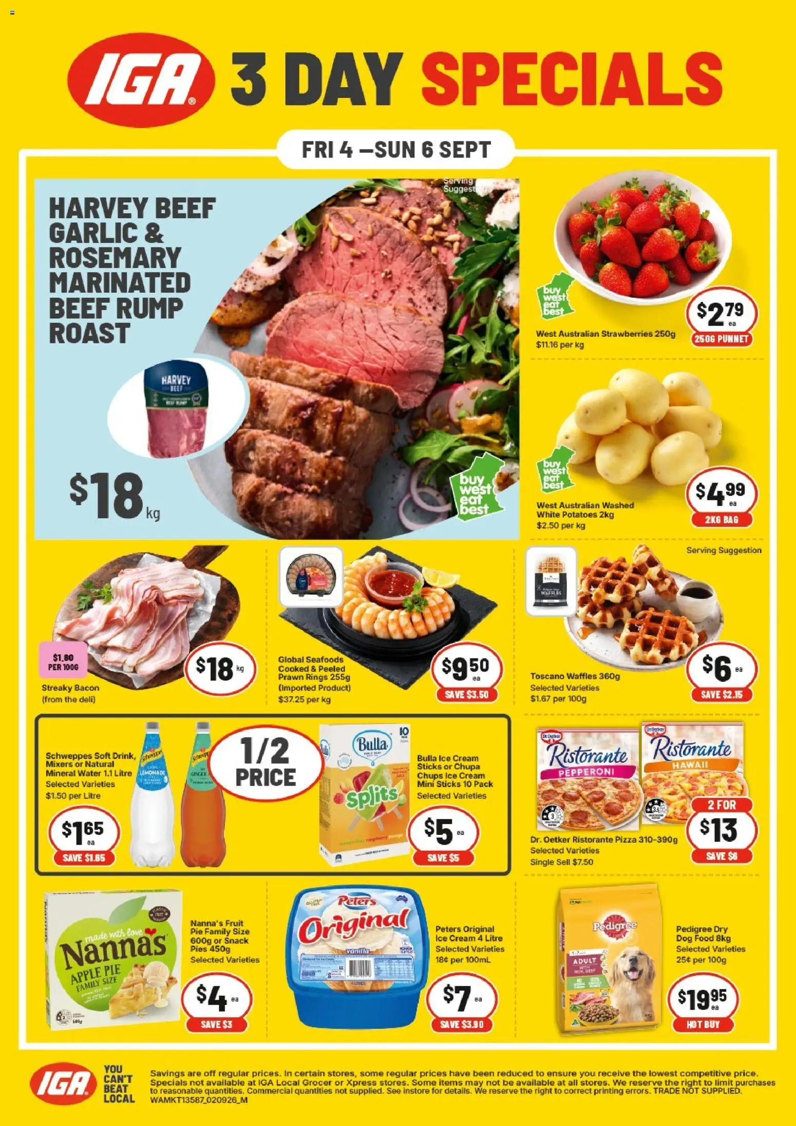 IGA catalogue - valid from 04/09/2026 | Page: 1 | Products: Pizza, Dog food, Fruit, Ice