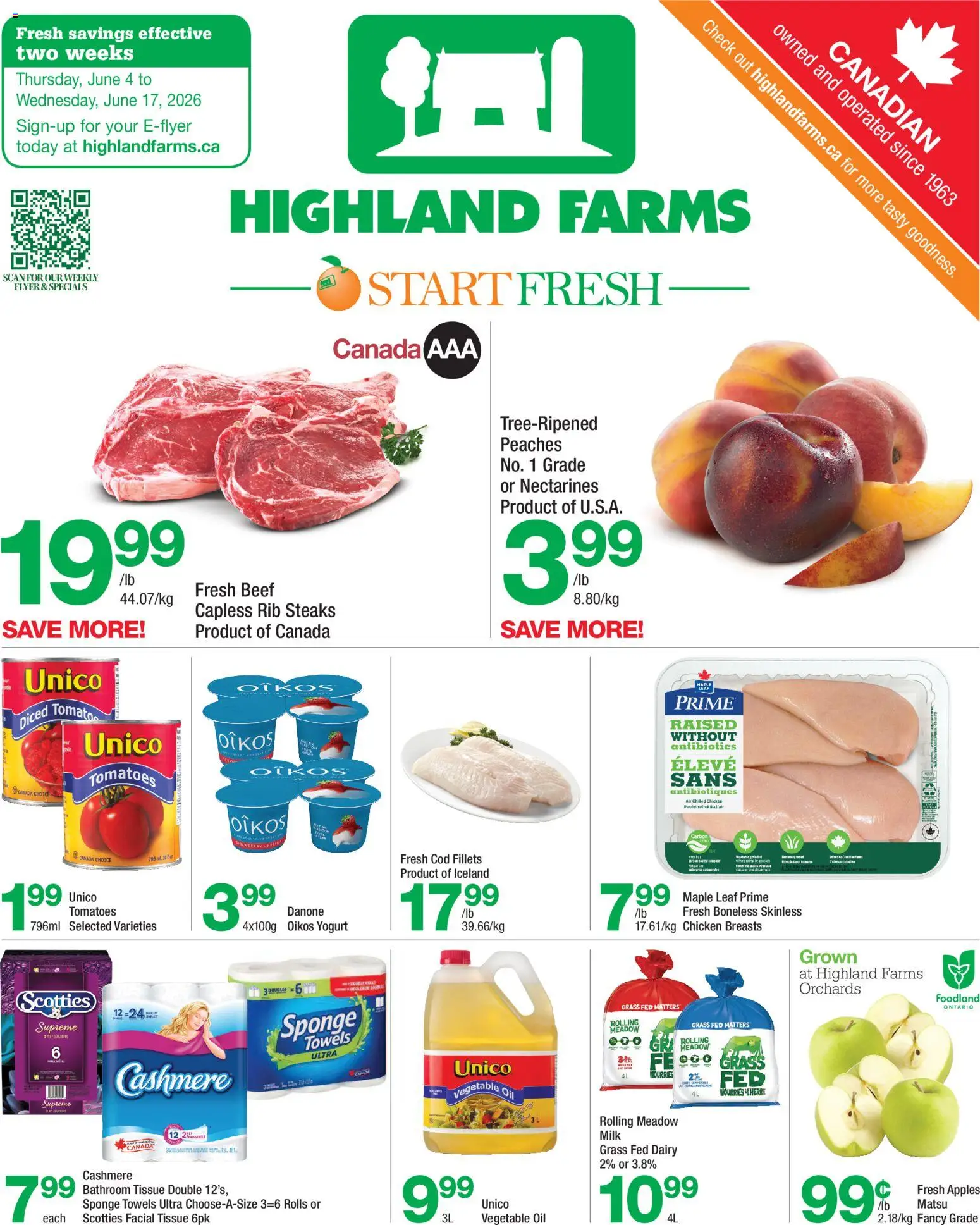 Highland Farms flyer valid from 04.06.2026 | Page: 1 | Products: Beef, Chicken breasts, Milk, Chicken