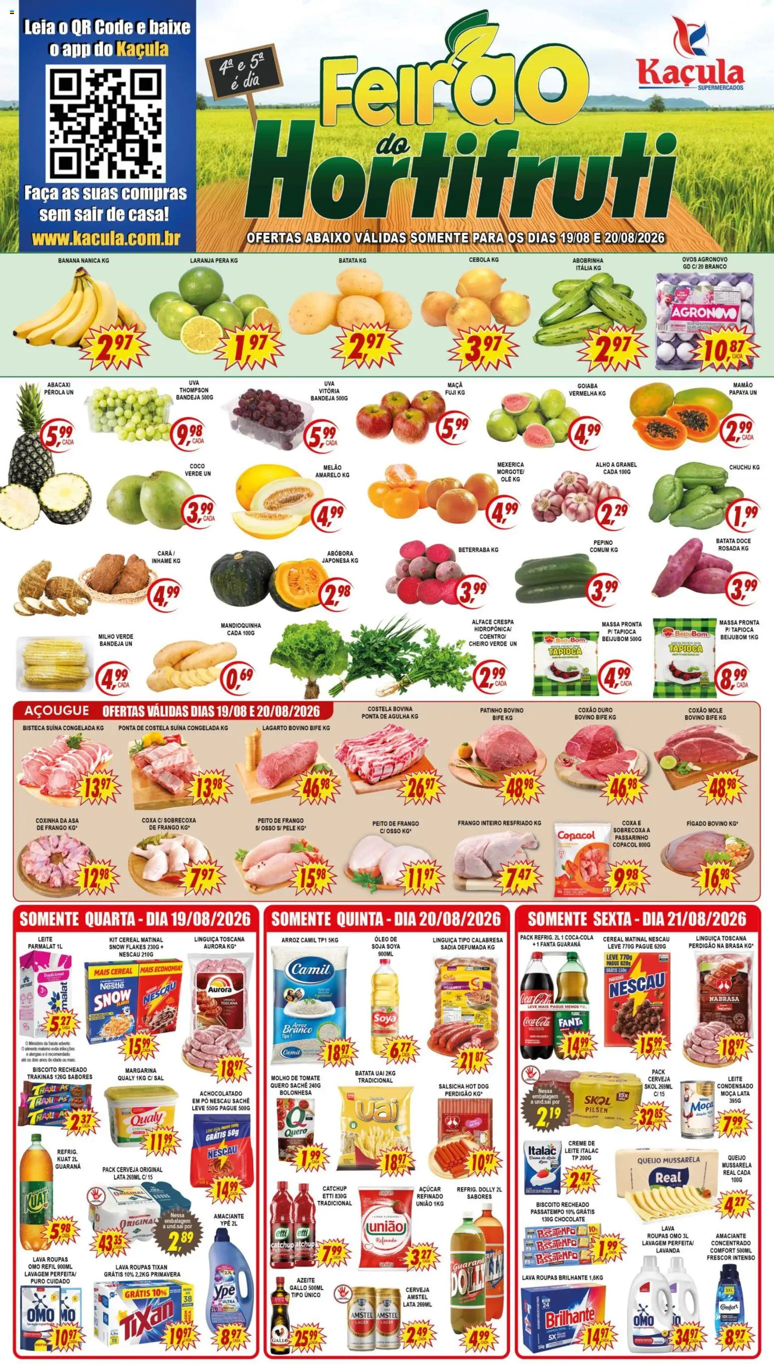 Kaçula Folheto - válido de 19/08/2026 | Página: 1 | Produtos: Salsicha, Roupas, Massa, Frango