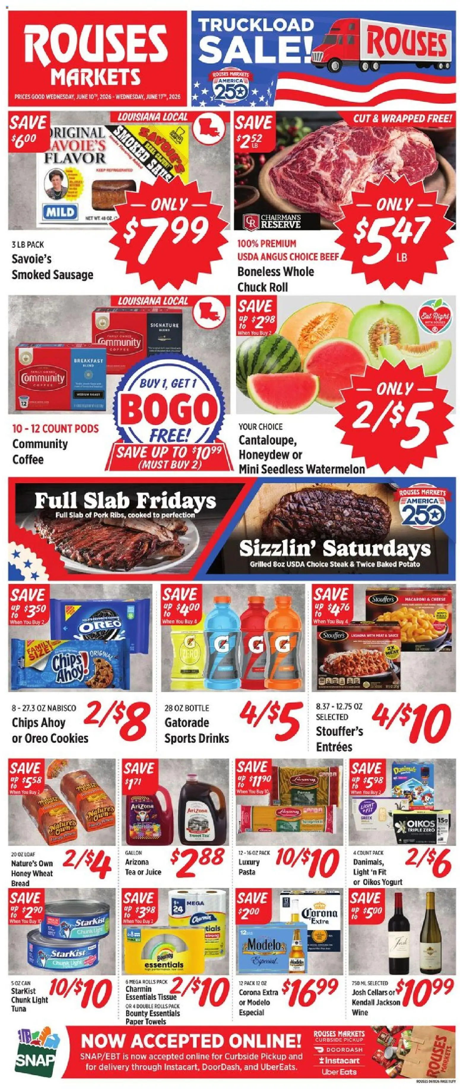 Rouses Weekly Ad - valid from 10.06.2026 | Page: 1 | Products: Bread, Coffee, Juice, Watermelon