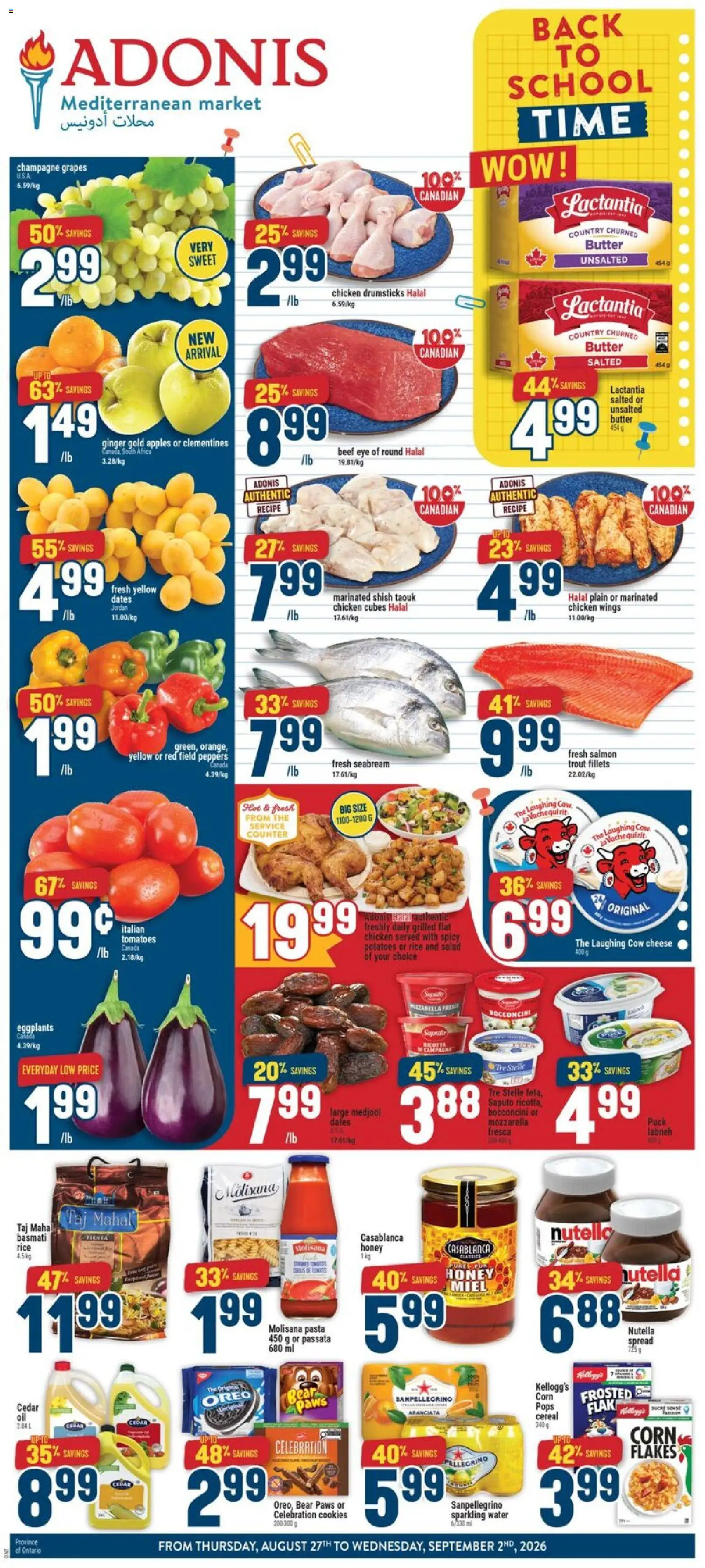 Adonis flyer valid from Aug 27, 2026 | Page: 1 | Products: Beef, Spread, Butter, Tomatoes
