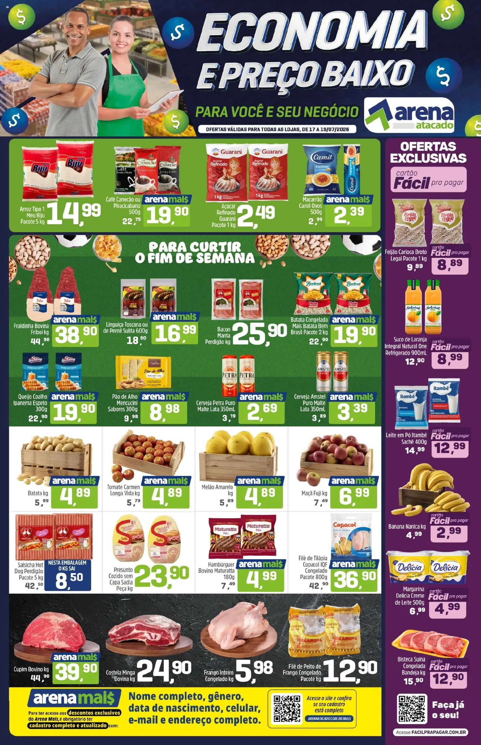 Arena Atacado Folheto - válido de 17/07/2026 | Página: 1 | Produtos: Salsicha, Leite, Macarrão, Frango