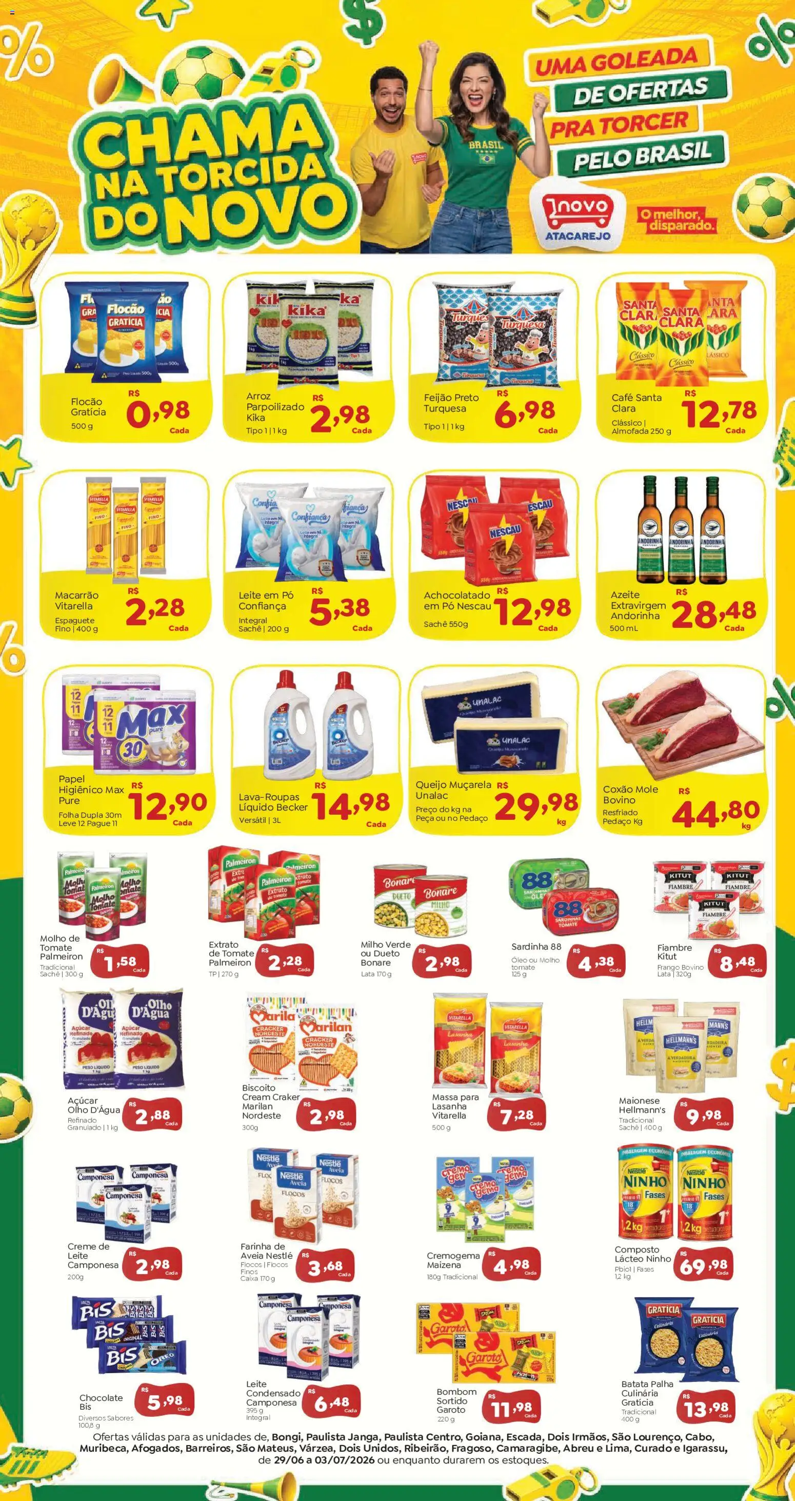 Novo Atacarejo Folheto - válido de 29/06/2026 | Página: 1 | Produtos: Almofada, Chocolate, Flocos, Bombom