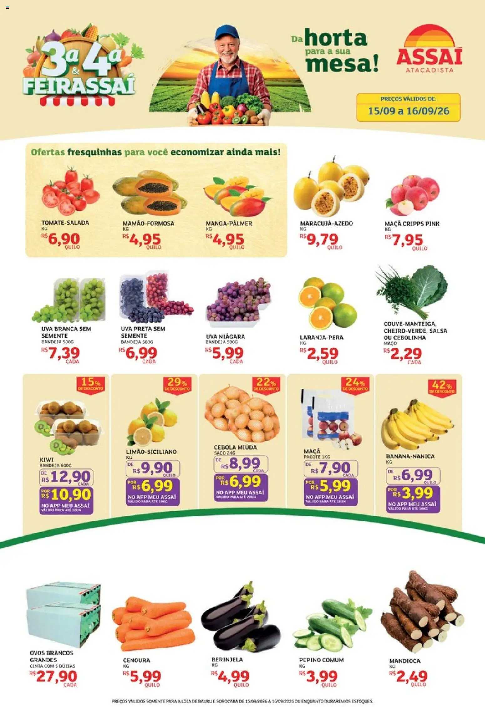 Assaí Atacadista Folheto - válido de 15/09/2026 | Página: 1 | Produtos: Cebola, Mandioca, Ovos, Bandeja