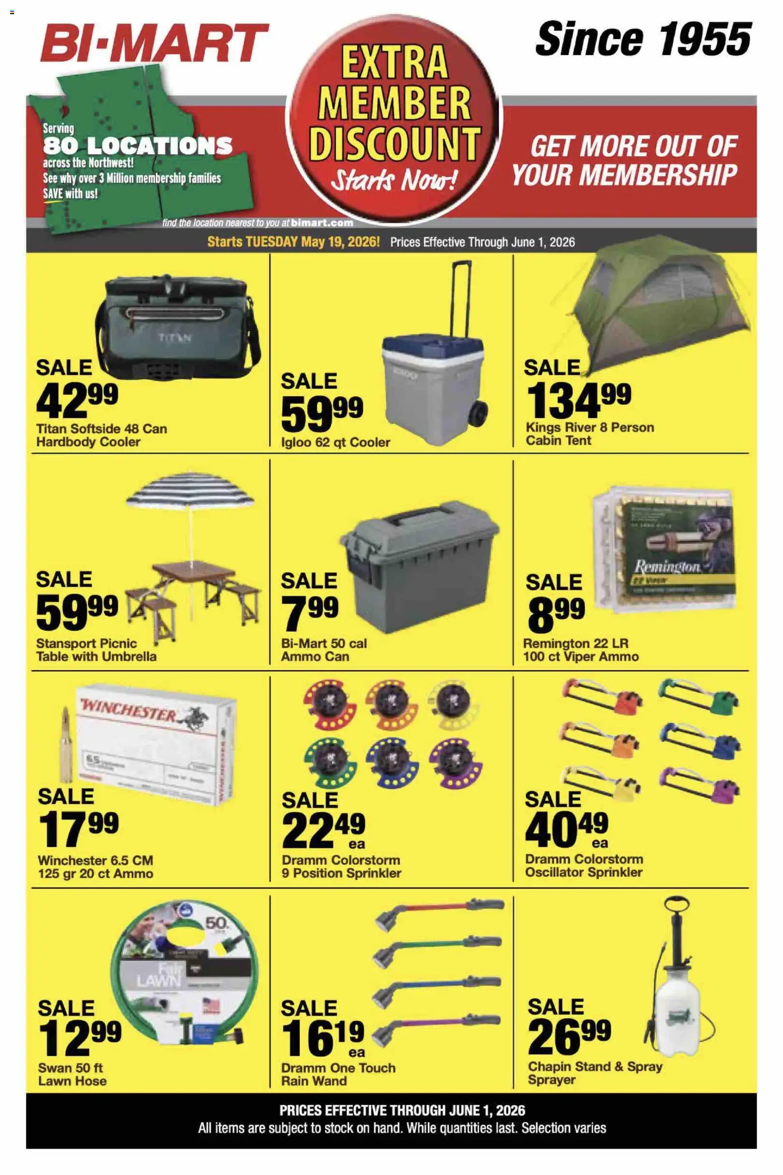 Bi-Mart Extra Member Discount - valid from 19.05.2026 | Page: 1 | Products: Table, Tent, Umbrella, Ammo