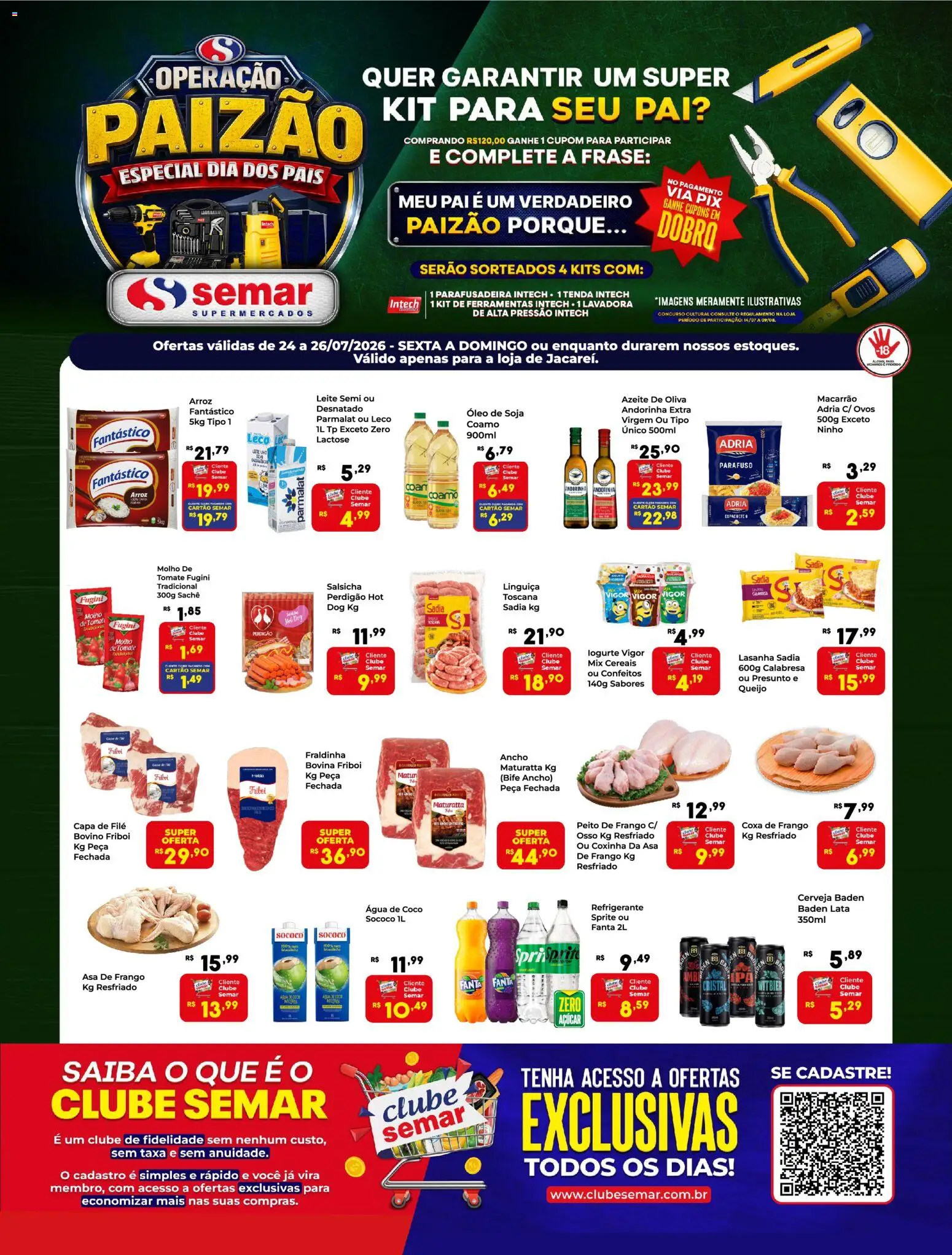 Semar Supermercado Folheto - válido de 24/07/2026 | Página: 1 | Produtos: Salsicha, Linguiça, Presunto, Macarrão