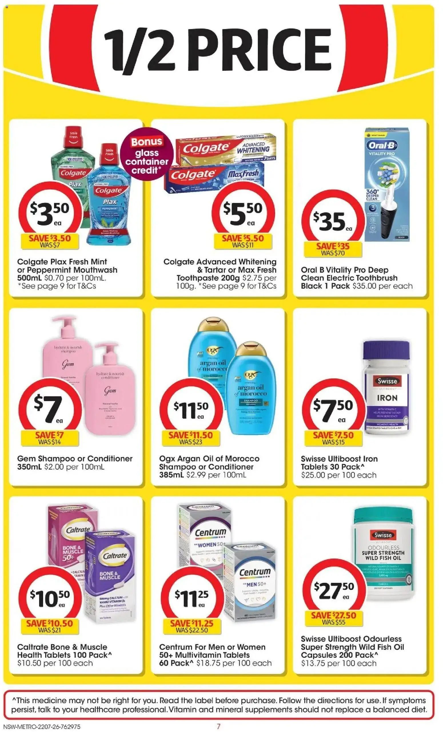 Coles catalogue - valid from 22/07/2026 | Page: 7 | Products: Conditioner, Toothbrush, Multivitamin, Tablets