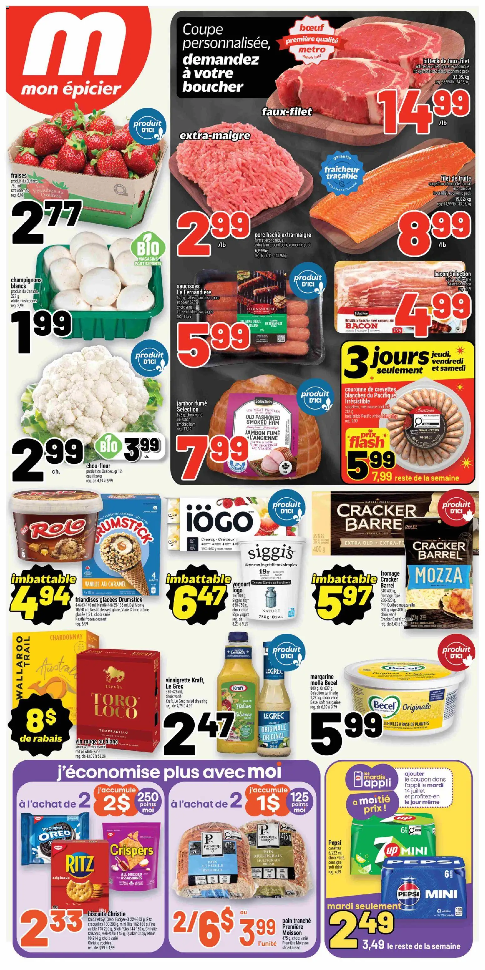 Metro flyer valid from Jul 9, 2026 | Page: 1 | Products: Strawberries, Chips, Bread, Wine