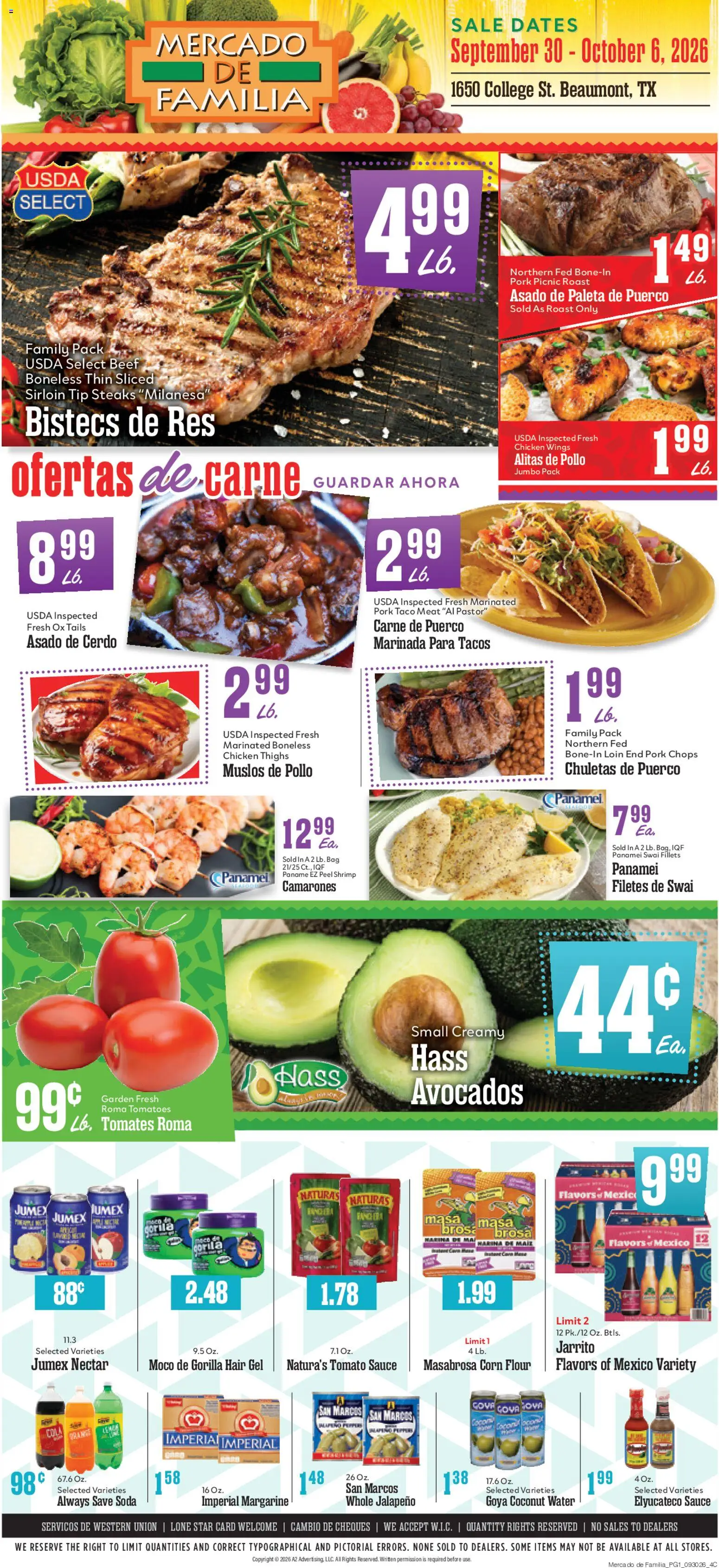 Market Basket Mercado de Familia Weekly Ad - valid from 09/30/2026 | Page: 1 | Products: Margarine, Chicken wings, Tomatoes, Sauce