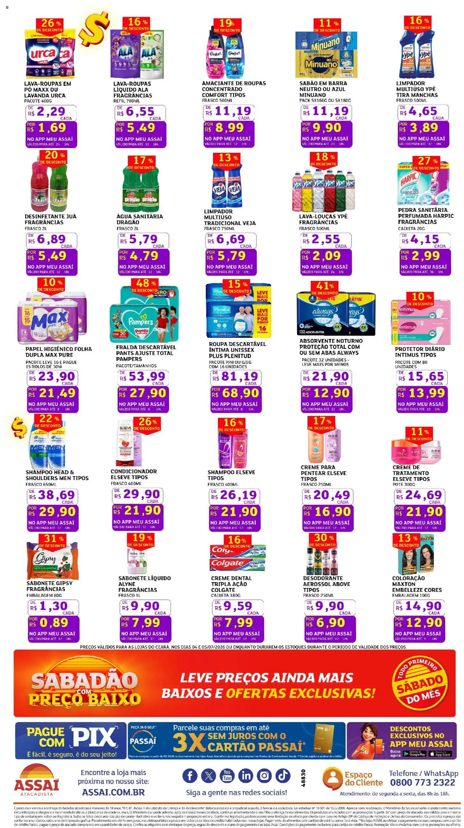 Assaí Atacadista Folheto - válido de 04/07/2026 | Página: 4 | Produtos: Pedra sanitária, Sabonete, Papel higiênico, Água sanitária