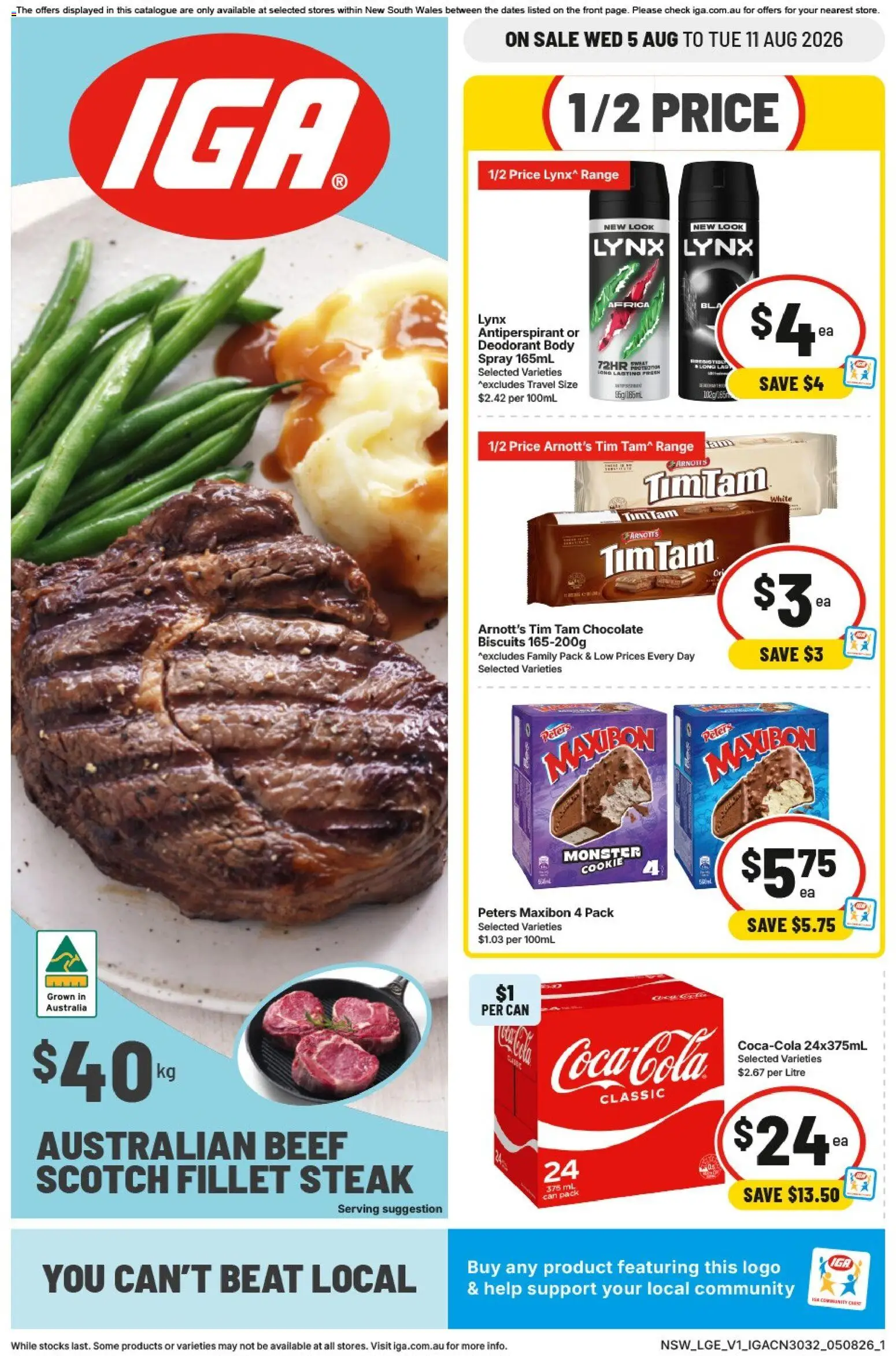 IGA catalogue - valid from 05/08/2026 | Page: 1 | Products: Chocolate, Antiperspirant, Steak, Scotch