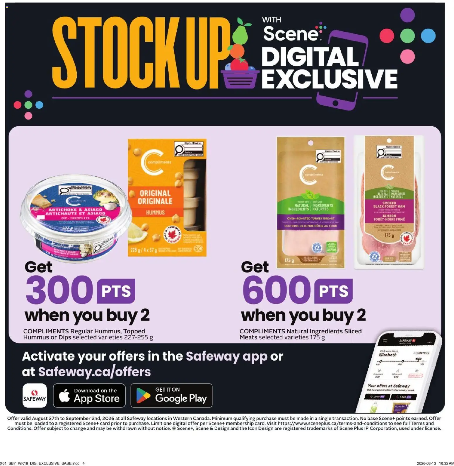 Safeway flyer valid from Aug 27, 2026 | Page: 13 | Products: Hummus, Turkey breast, Ham, Ingredients