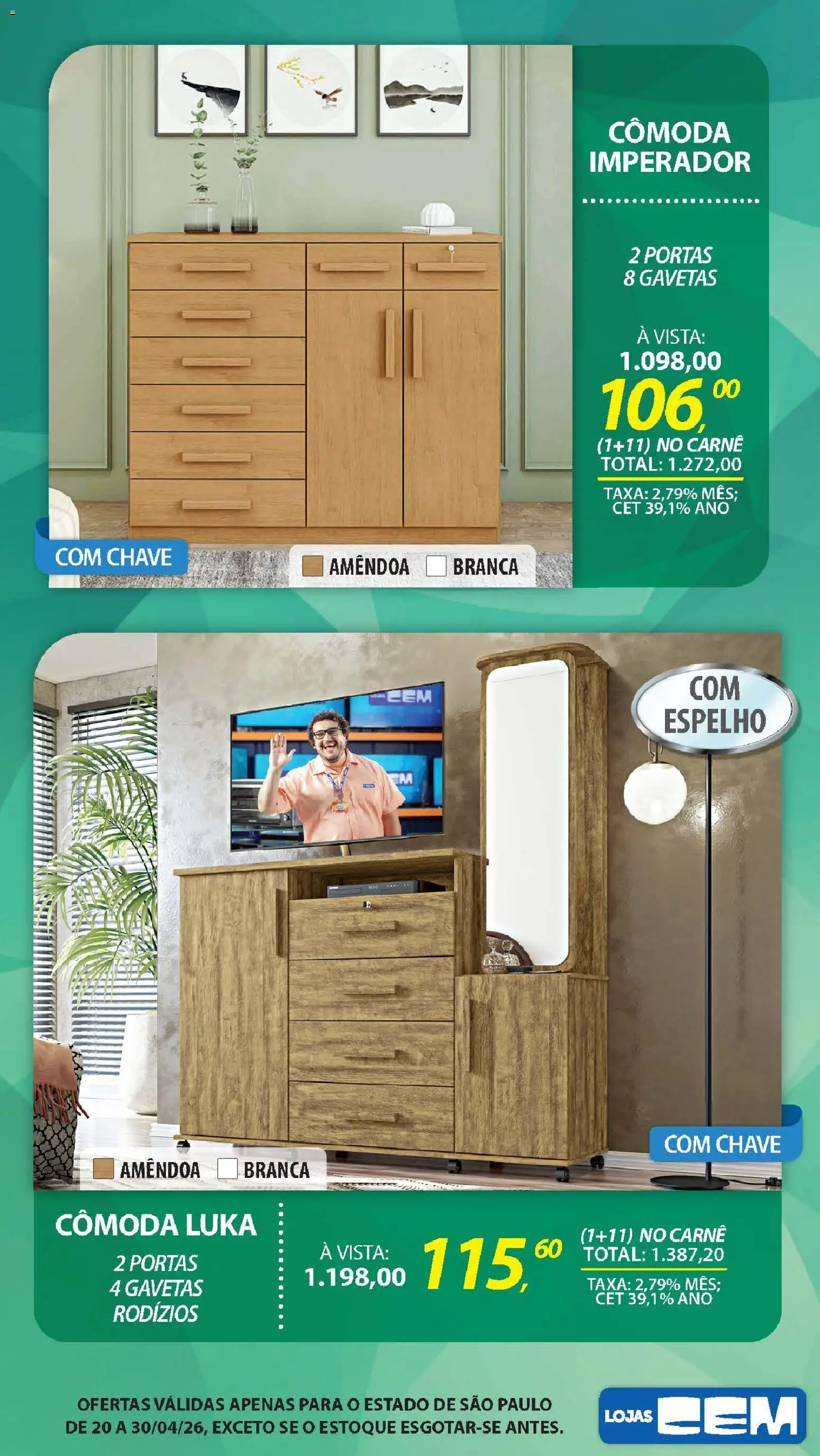 Lojas Cem Folheto - válido de 20.04.2026 | Página: 104 | Produtos: Cômoda, Espelho, Carne