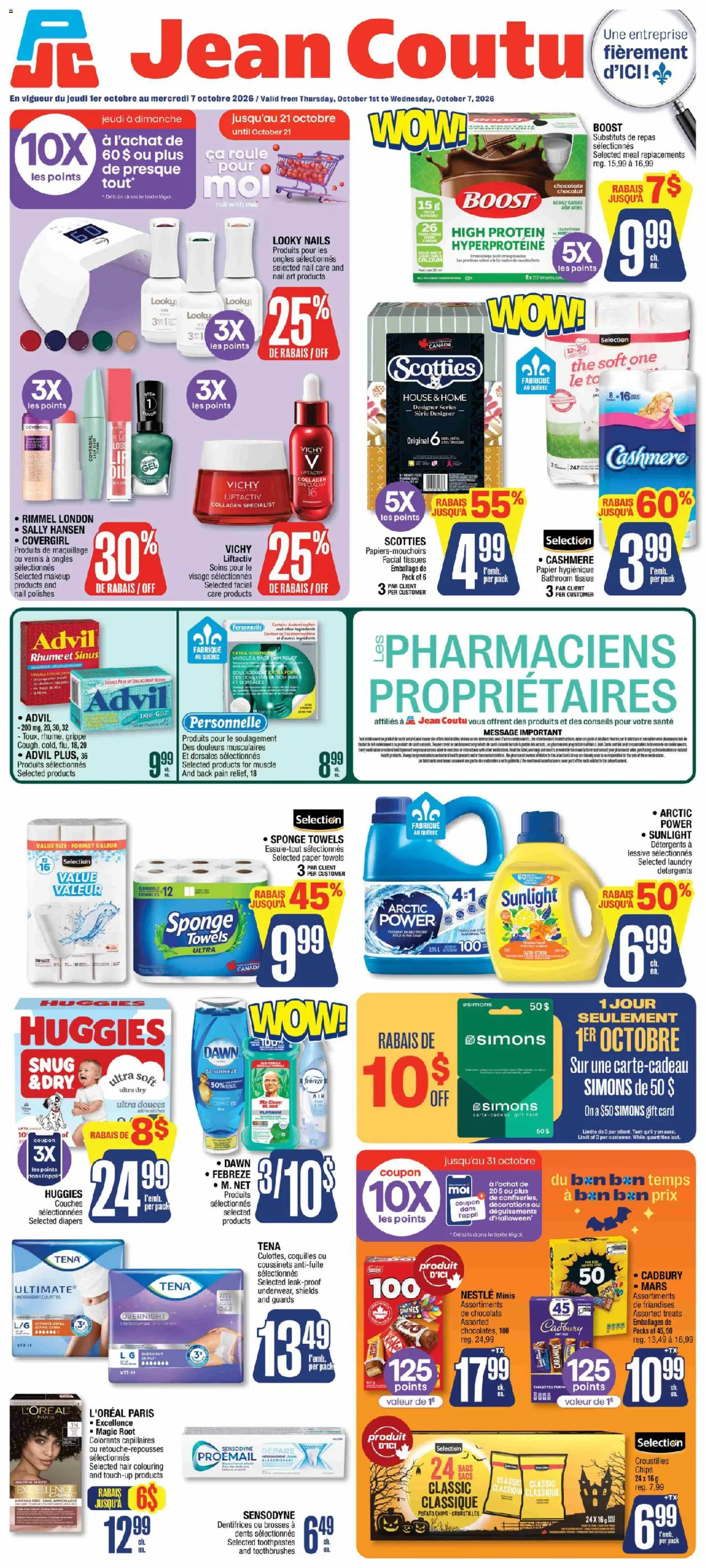 Jean Coutu flyer valid from Oct 1, 2026 | Page: 1 | Products: Chips, Towels, Tissues, Chocolate