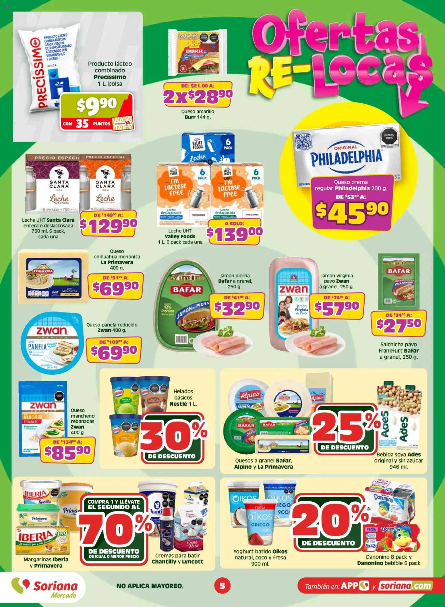 Nuevas ofertas de Soriana válidas en toda la República Mexicana desde el 14.05.2026. ¡Encuentra las mejores ofertas en Soriana Ofertas Re Locas Mercado Nacional! | Página: 5 | Productos: Bolsa, Leche, Queso, Jamón