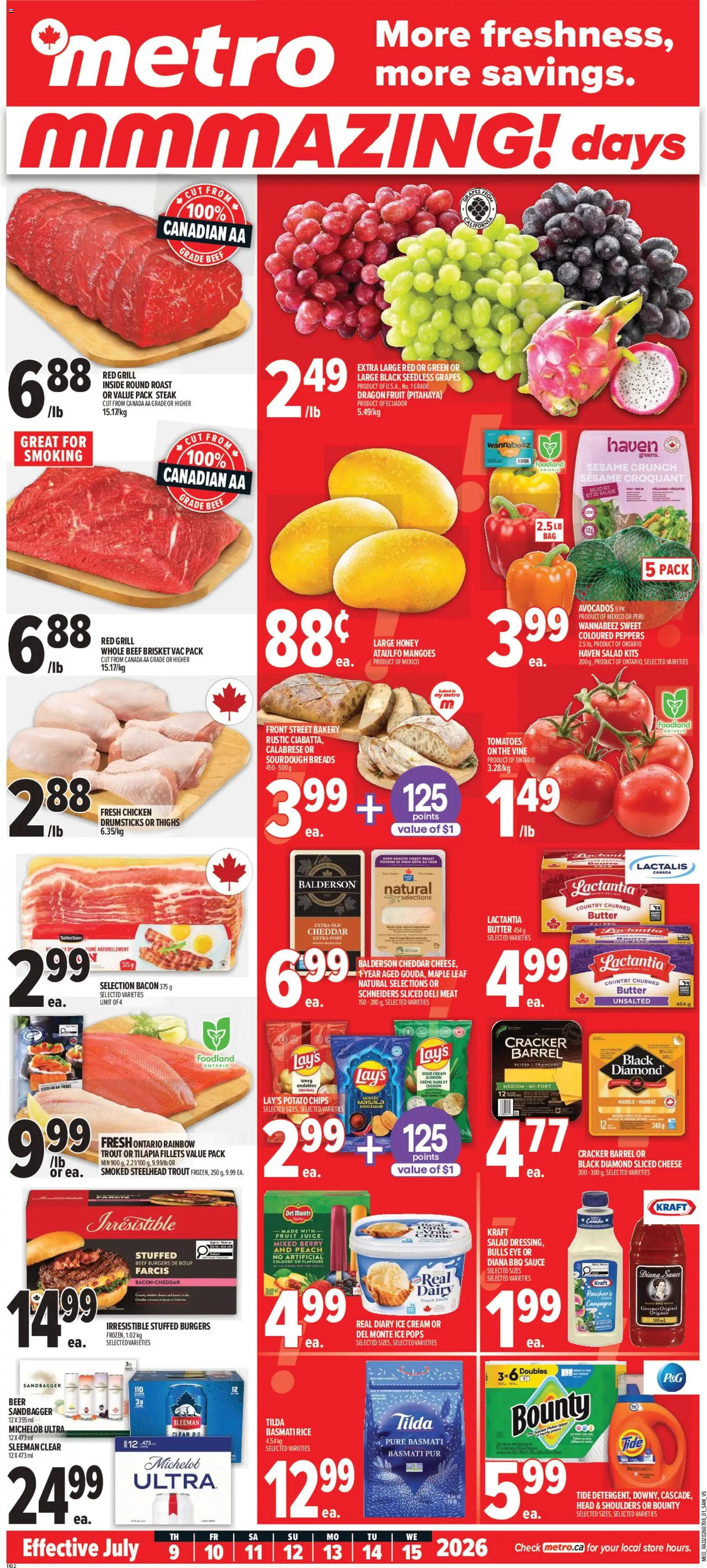 Metro flyer valid from Jul 9, 2026 | Page: 1 | Products: Ice cream, Salad, Grill, Beer