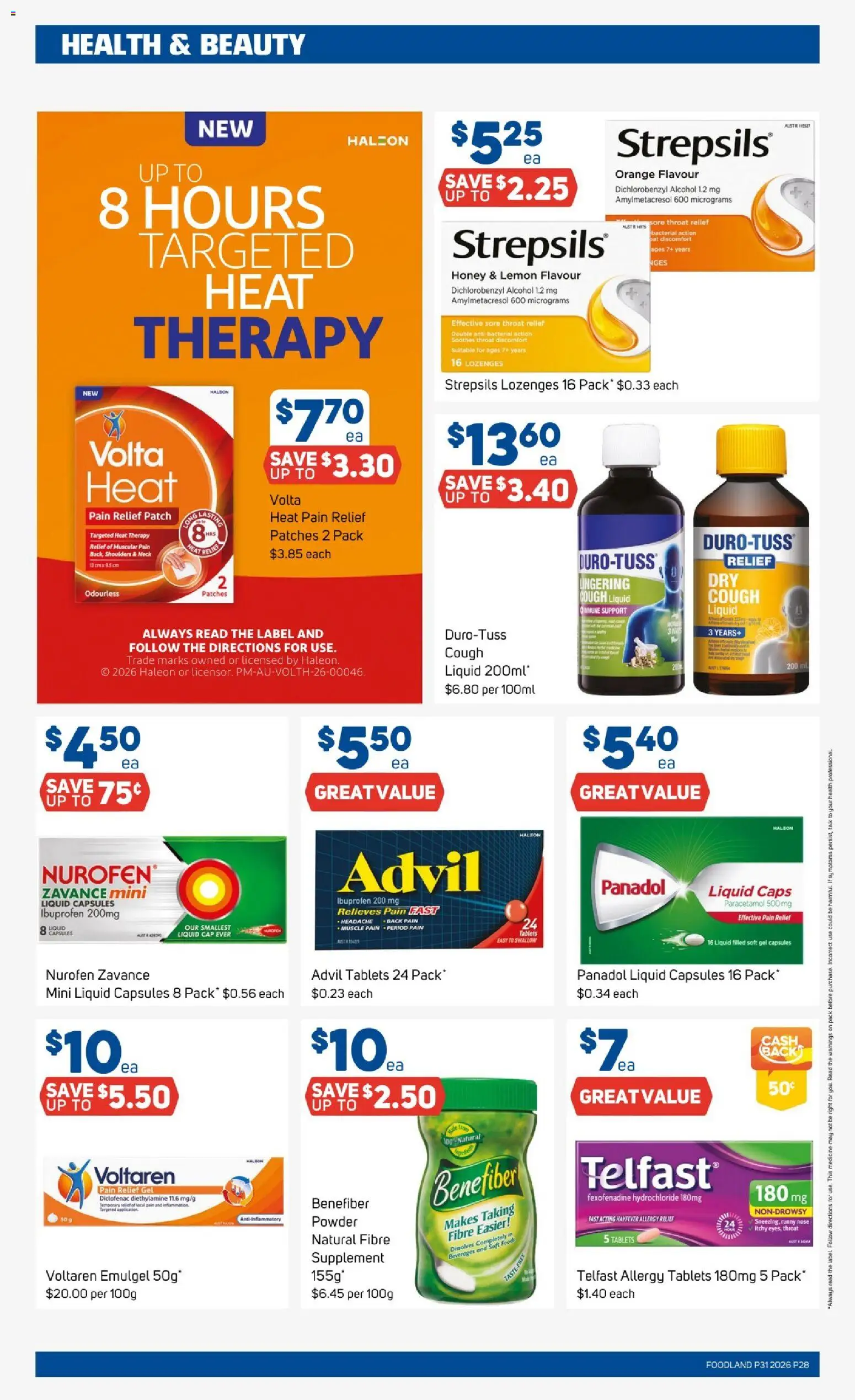 Foodland catalogue - valid from 29/07/2026 | Page: 28 | Products: Cap, Runny nose, Tablets, Pain relief