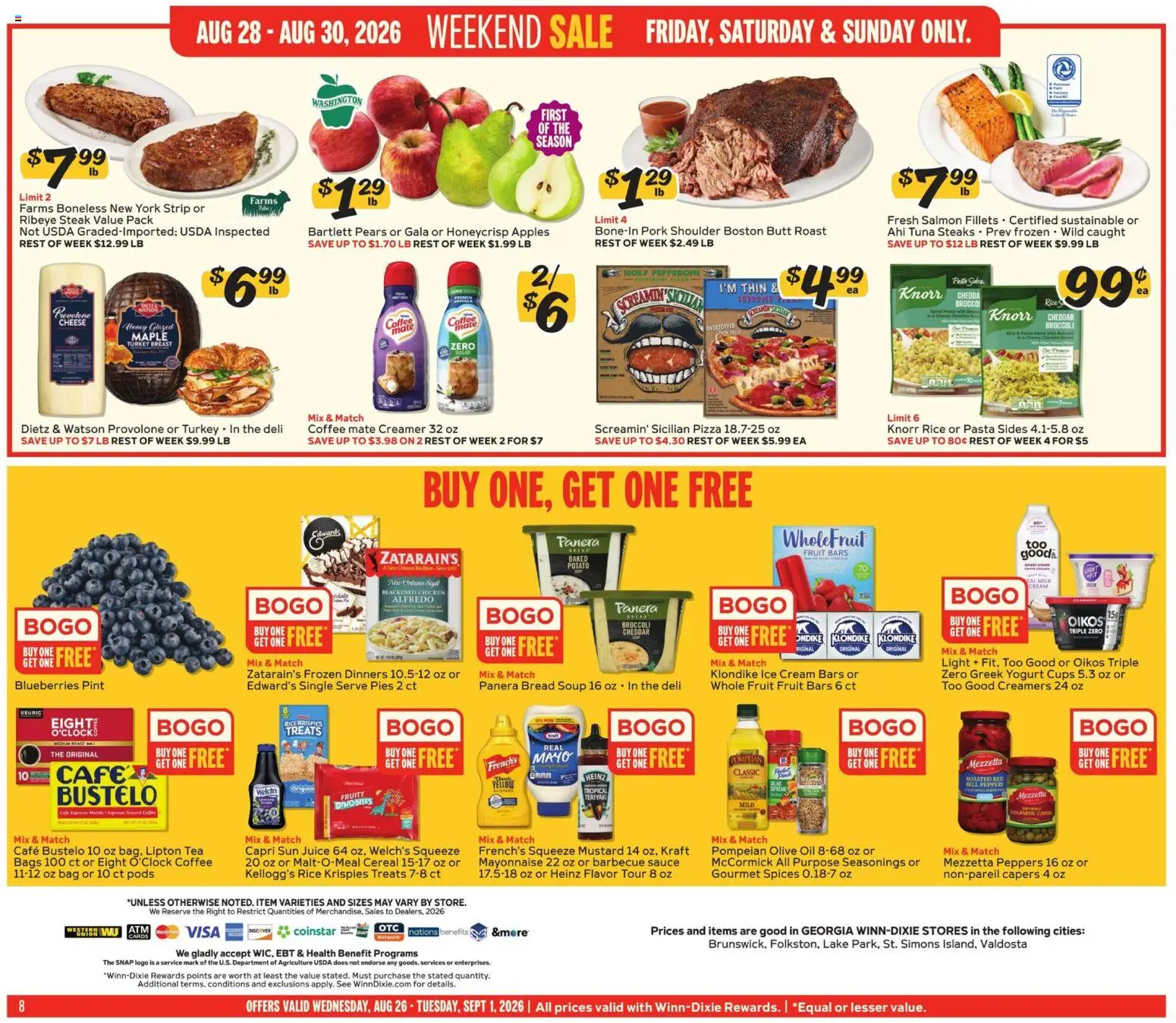 Winn Dixie Weekly Ad - valid from 08/26/2026 | Page: 8 | Products: Cheese, Bread, Tuna, Fresh salmon