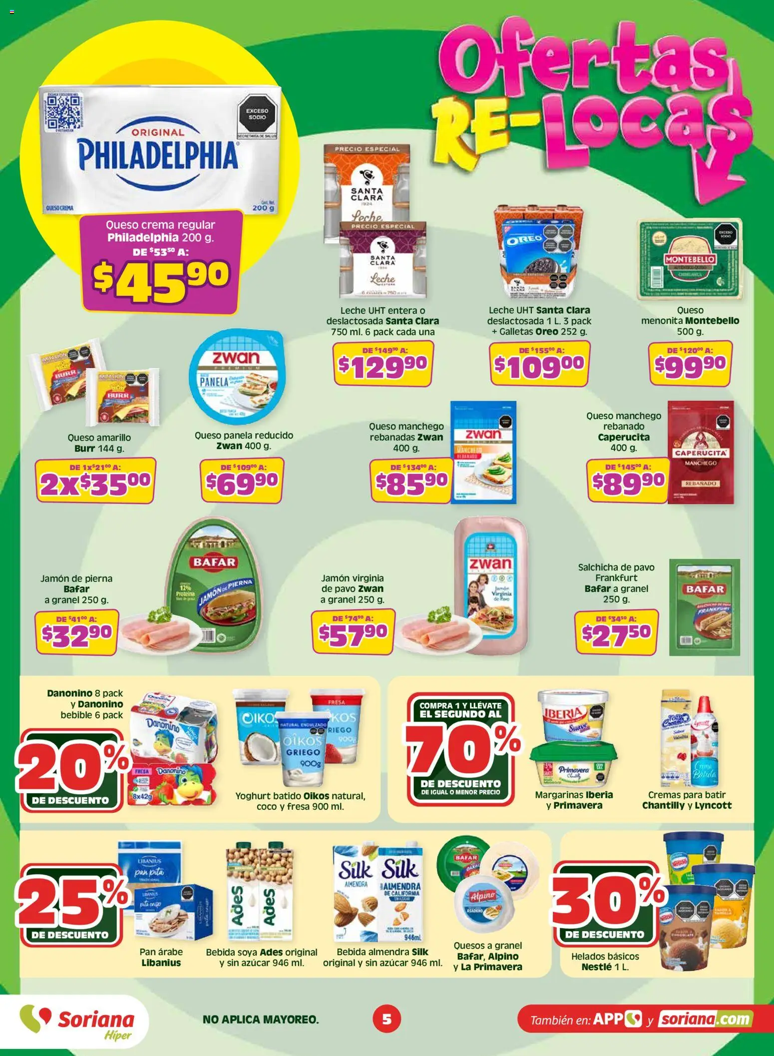 Nuevas ofertas de Soriana válidas en toda la República Mexicana desde el 14.05.2026. ¡Encuentra las mejores ofertas en Soriana Ofertas Re Locas Híper Nacional! | Página: 5 | Productos: Azúcar, Queso, Jamón, Almendra