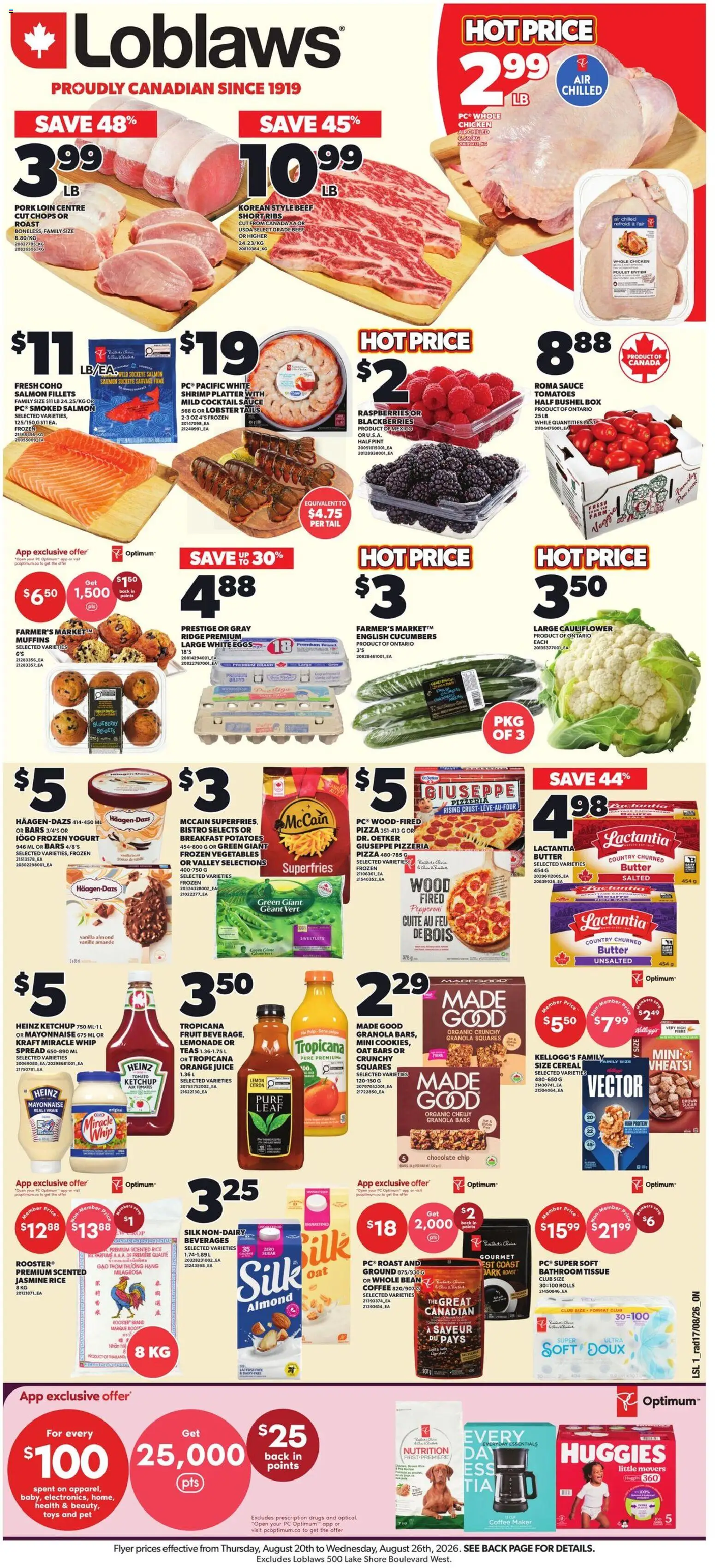 Loblaws flyer valid from Aug 20, 2026 | Page: 1 | Products: Orange juice, Cauliflower, Juice, Protein
