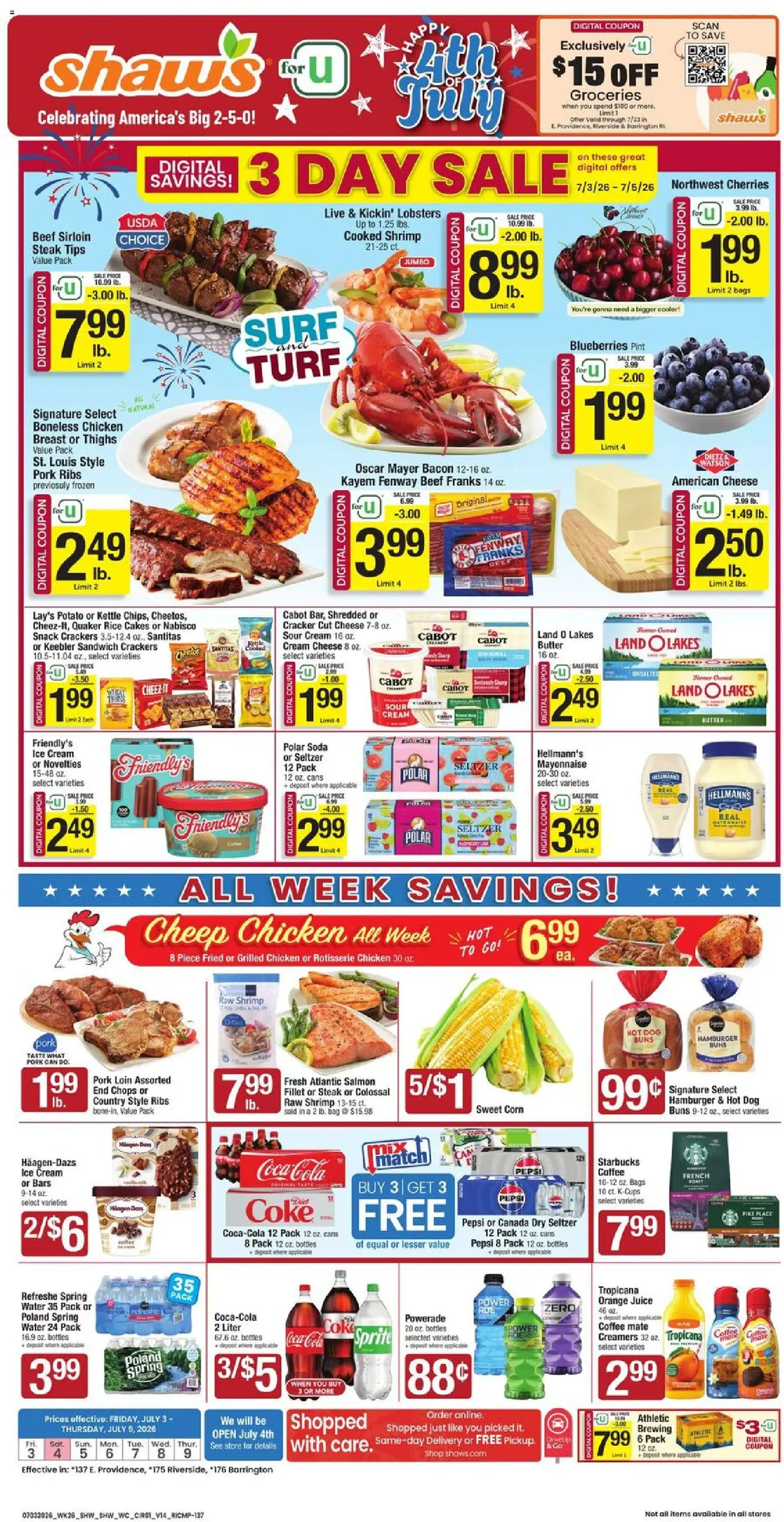 Shaw's Weekly Ad - RI - valid from 07/03/2026 | Page: 1 | Products: Cherries, Butter, Cheese, Ice cream