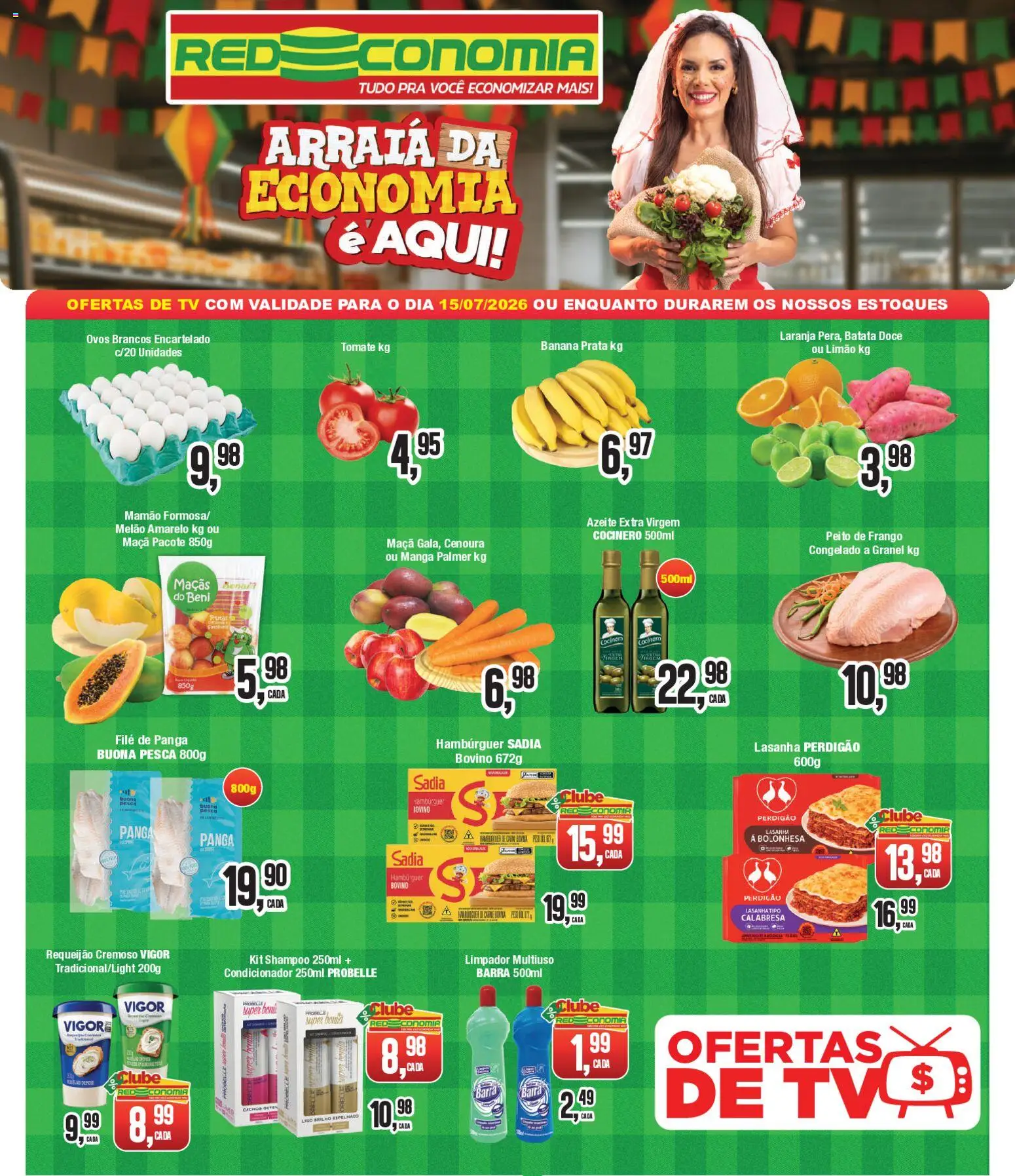 RedEconomia Folheto - válido de 15/07/2026 | Página: 1 | Produtos: Condicionador, Tv, Batata, Peito de frango