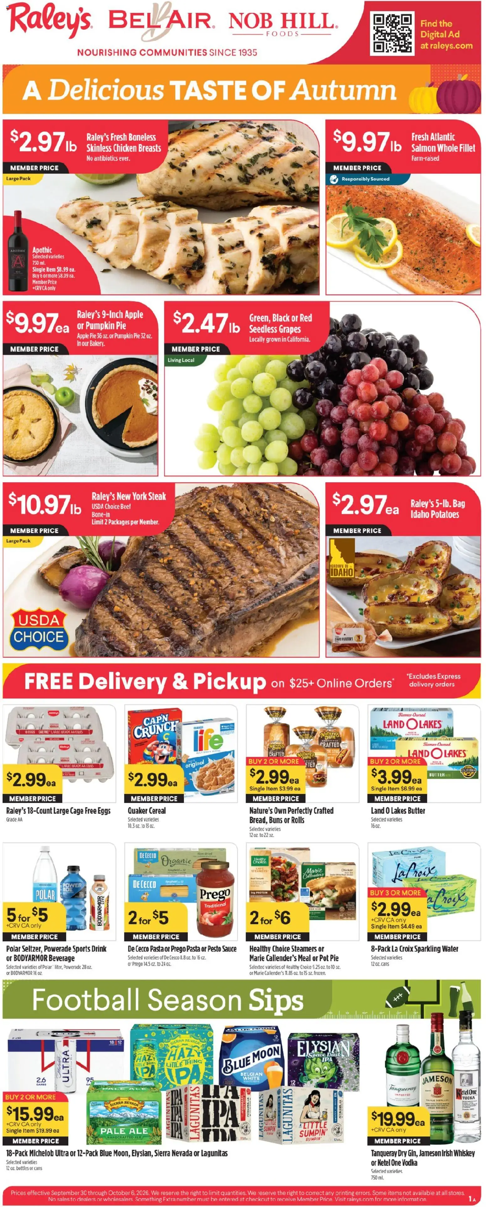 Raley's Weekly Ad - valid from 09/30/2026 | Page: 1 | Products: Eggs, Protein, Apple Pie, Pesto