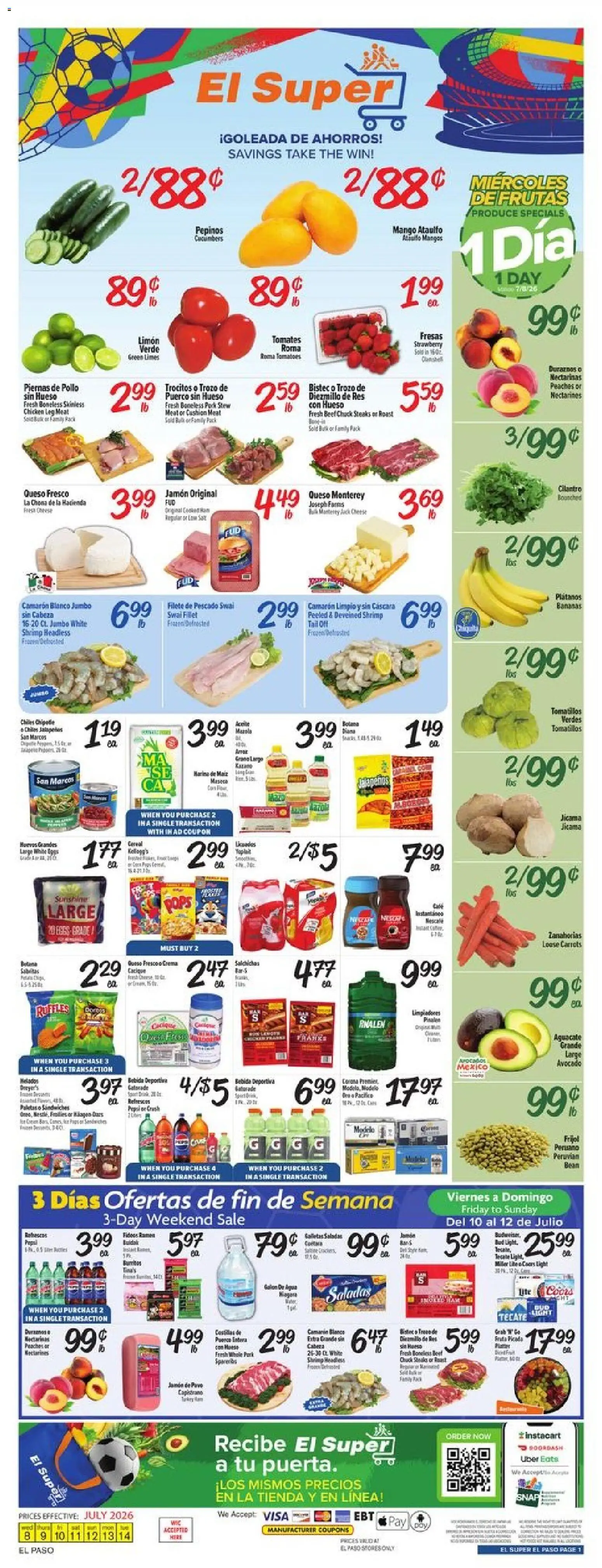 El Super Weekly Ad - valid from 07/08/2026 | Page: 1 | Products: Peaches, Tomatoes, Cushion, Mango