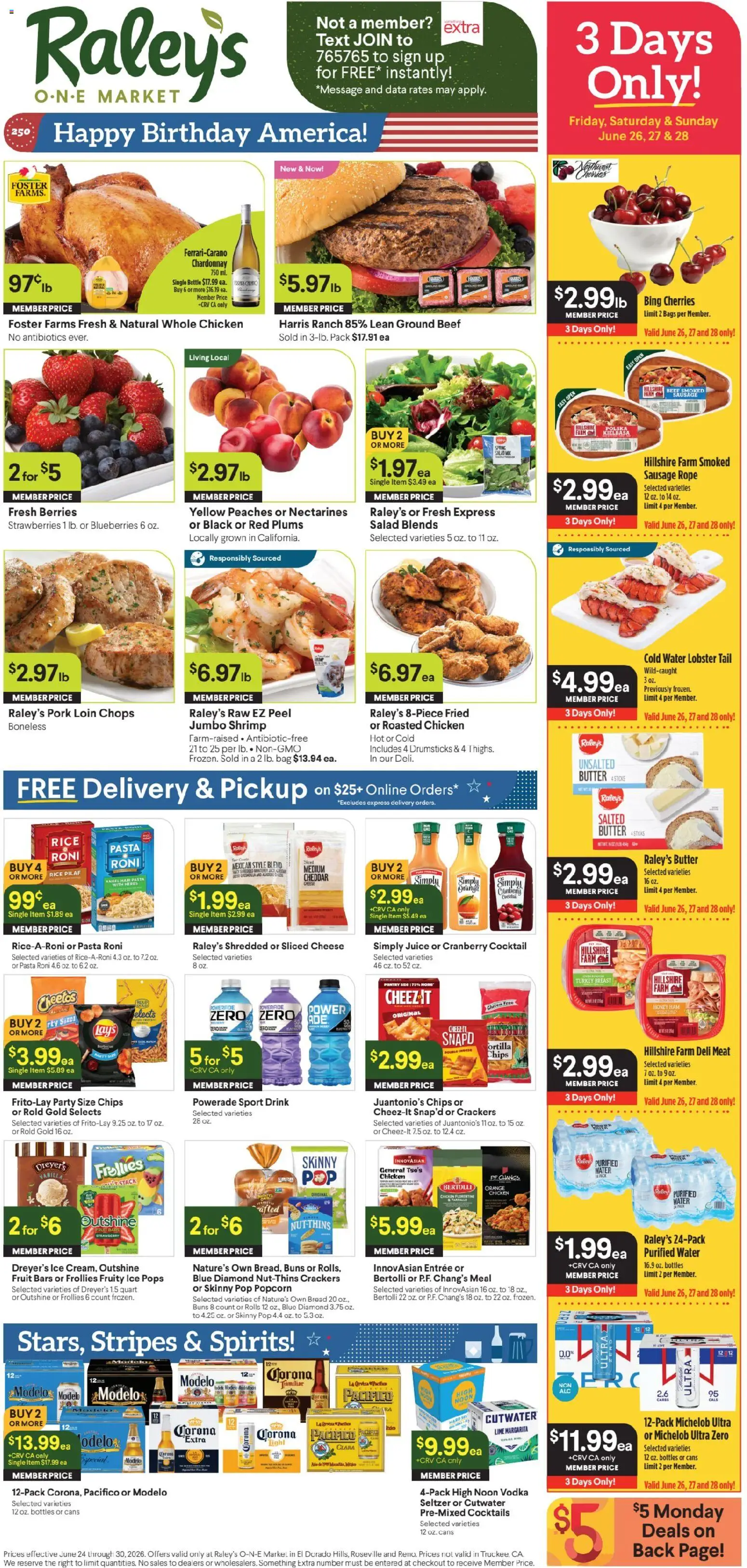 Raley's Ad - valid from 06/24/2026 | Page: 1 | Products: Peaches, Beef, Pasta, Sausage