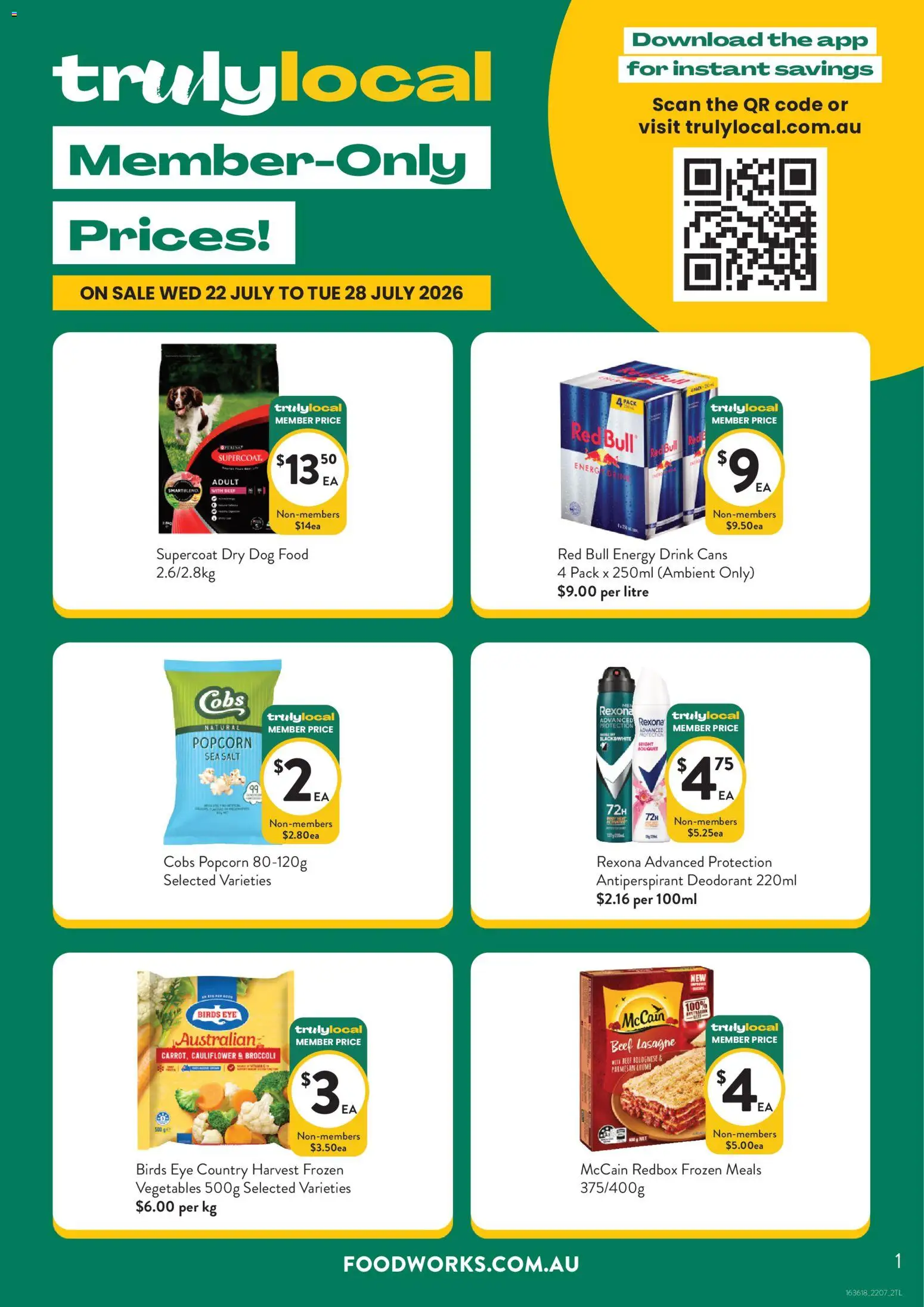 Foodworks catalogue - valid from 22/07/2026 | Page: 1 | Products: Energy drink, Deodorant, Dog food, Salt