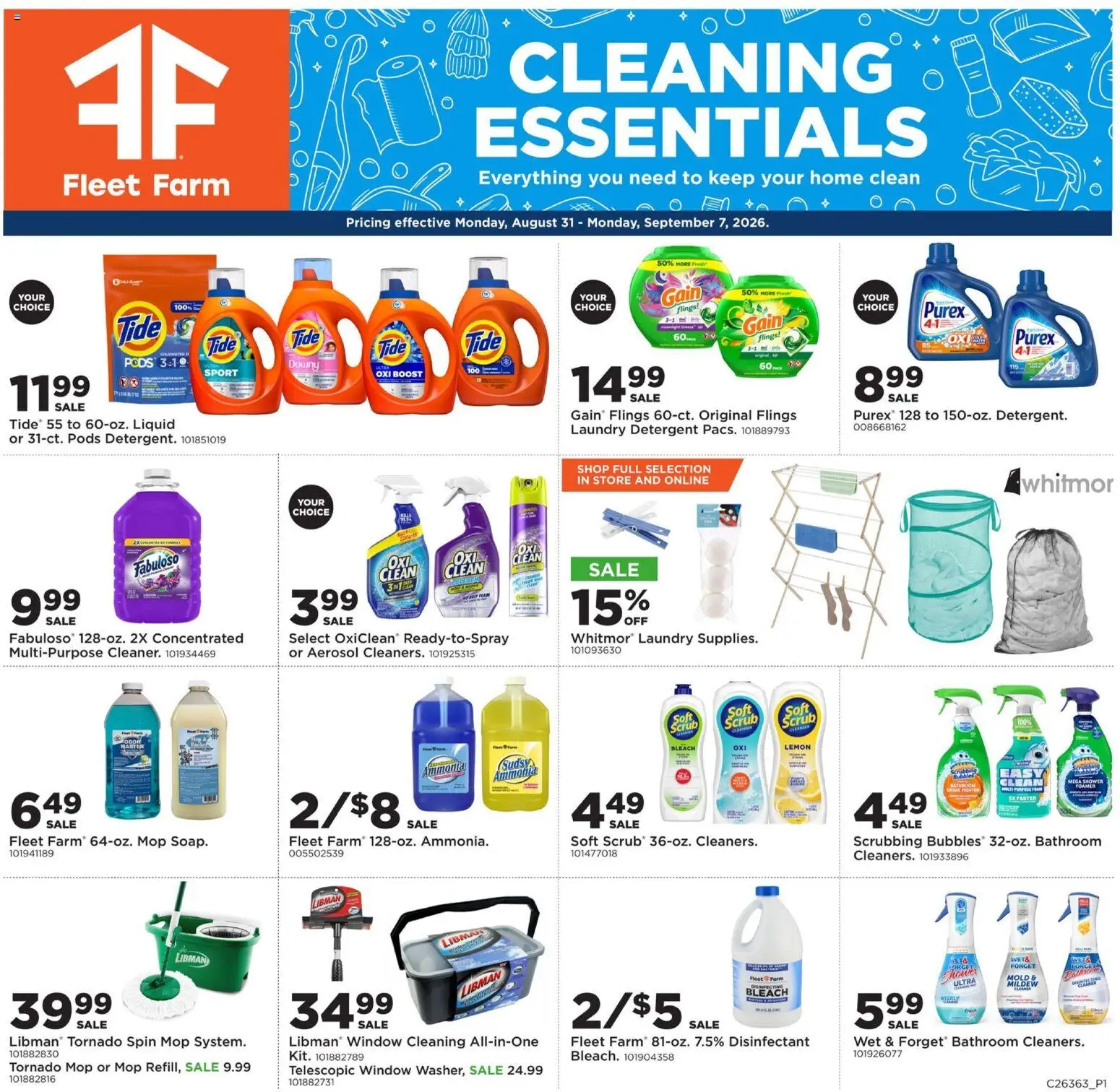 Mills Fleet Farm Cleaning Essentials - valid from 08/31/2026 | Page: 1 | Products: Laundry detergent, Detergent, Lemon, Mop