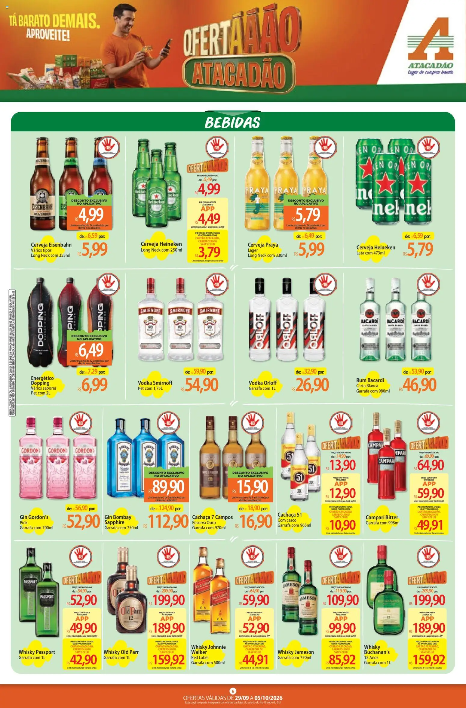 Atacadão Folheto - válido de 29/09/2026 | Página: 6 | Produtos: Bacardi, Cachaça 51, Campari, Gin Bombay