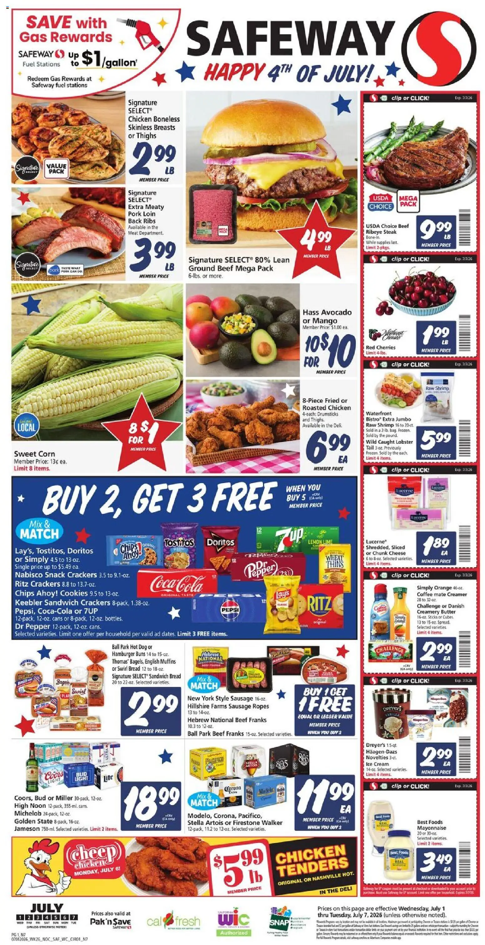 Safeway Weekly Ad - valid from 07/01/2026 | Page: 1 | Products: Coffee, Chips, Sausage, Lime