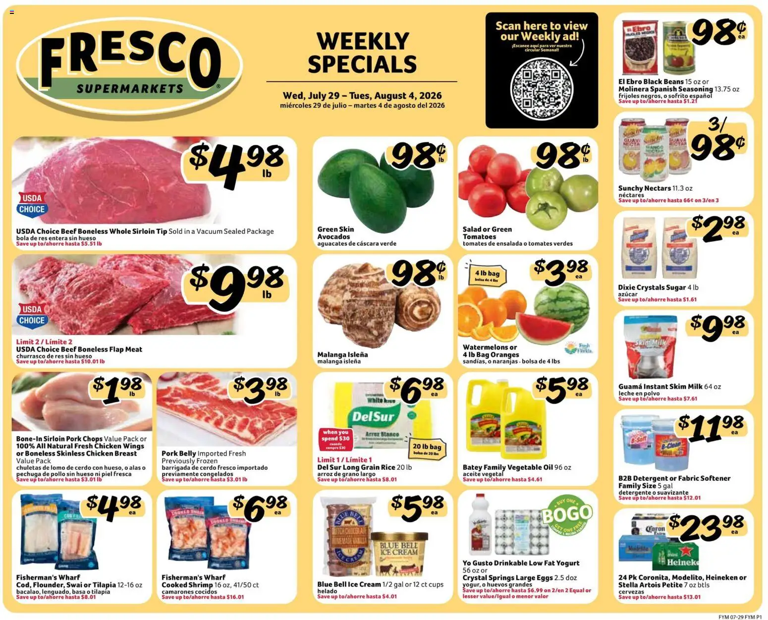 Fresco y Más Weekly Ad - valid from 07/29/2026 | Page: 1 | Products: Pork, Oranges, Tomatoes, Mango