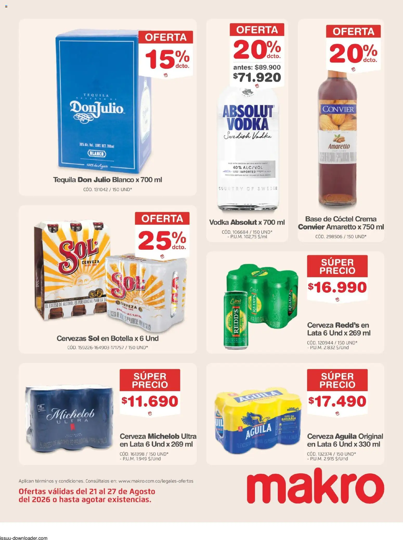 Makro revista - valida desde el 21/08/2026 | Página: 19 | Productos: Botella, Tequila, Vodka Absolut, Agave