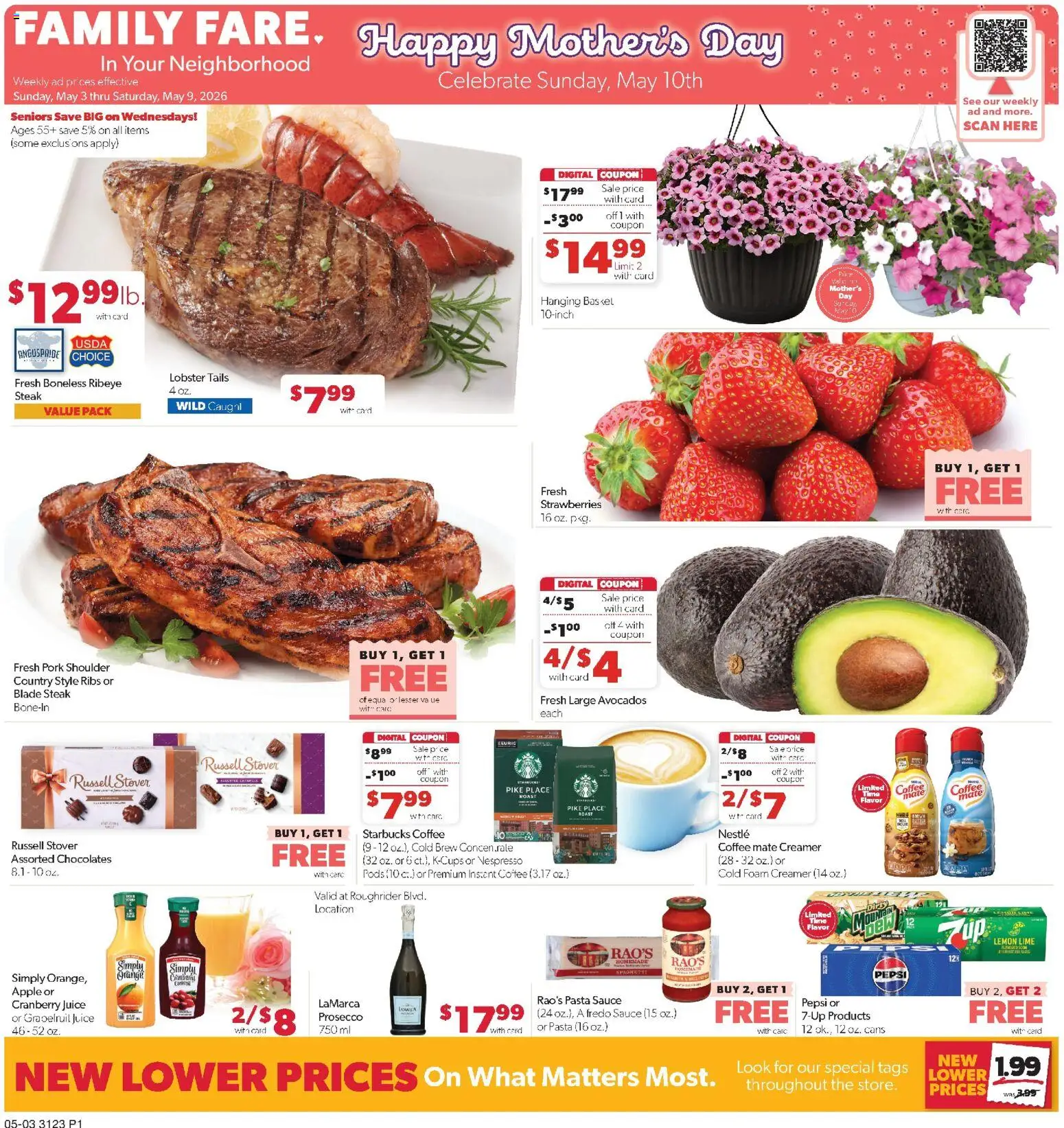Family Fare Weekly Ad - ND - valid from 03.05.2026 | Page: 1 | Products: Coffee, Strawberries, Pasta, Lime