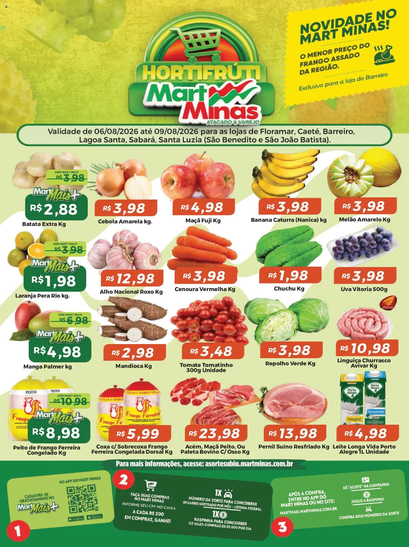 Mart Minas Folheto - válido de 06/08/2026 | Página: 1 | Produtos: Mandioca, Uva, Repolho, Batata