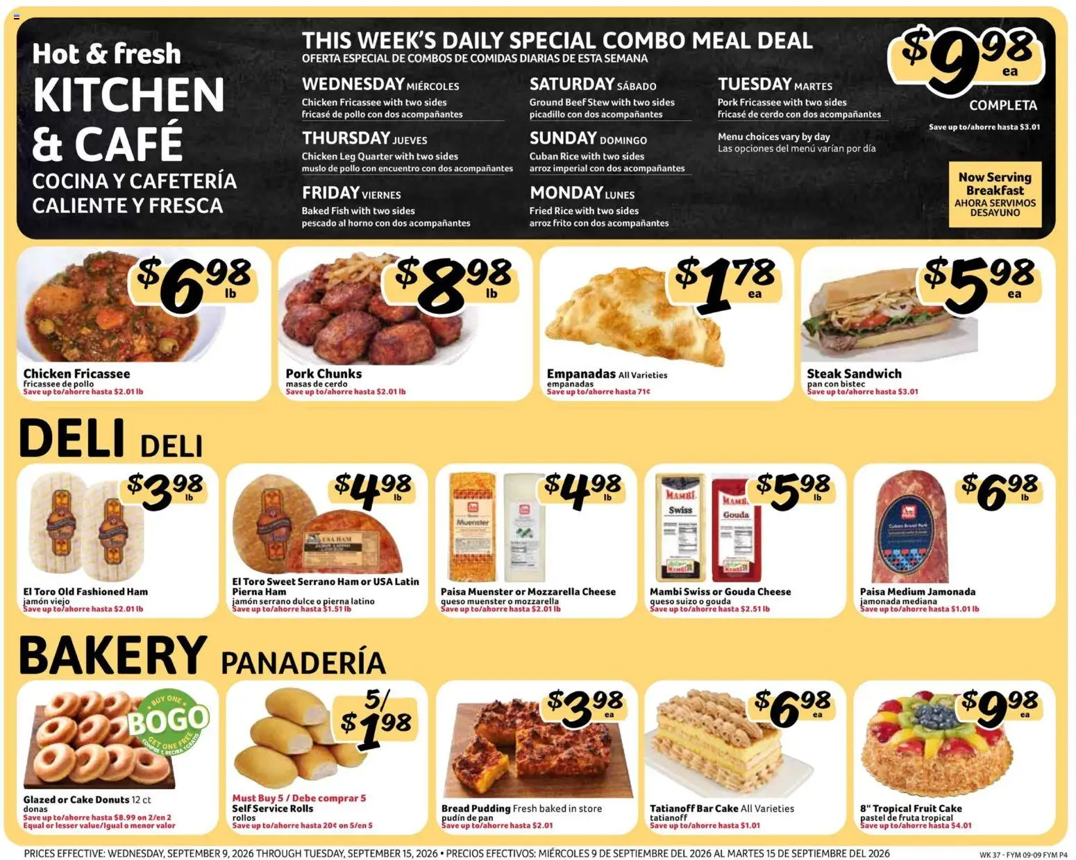 Fresco y Más Weekly Ad - valid from 09/09/2026 | Page: 4 | Products: Bakery, Serrano ham, Ham, Pudding