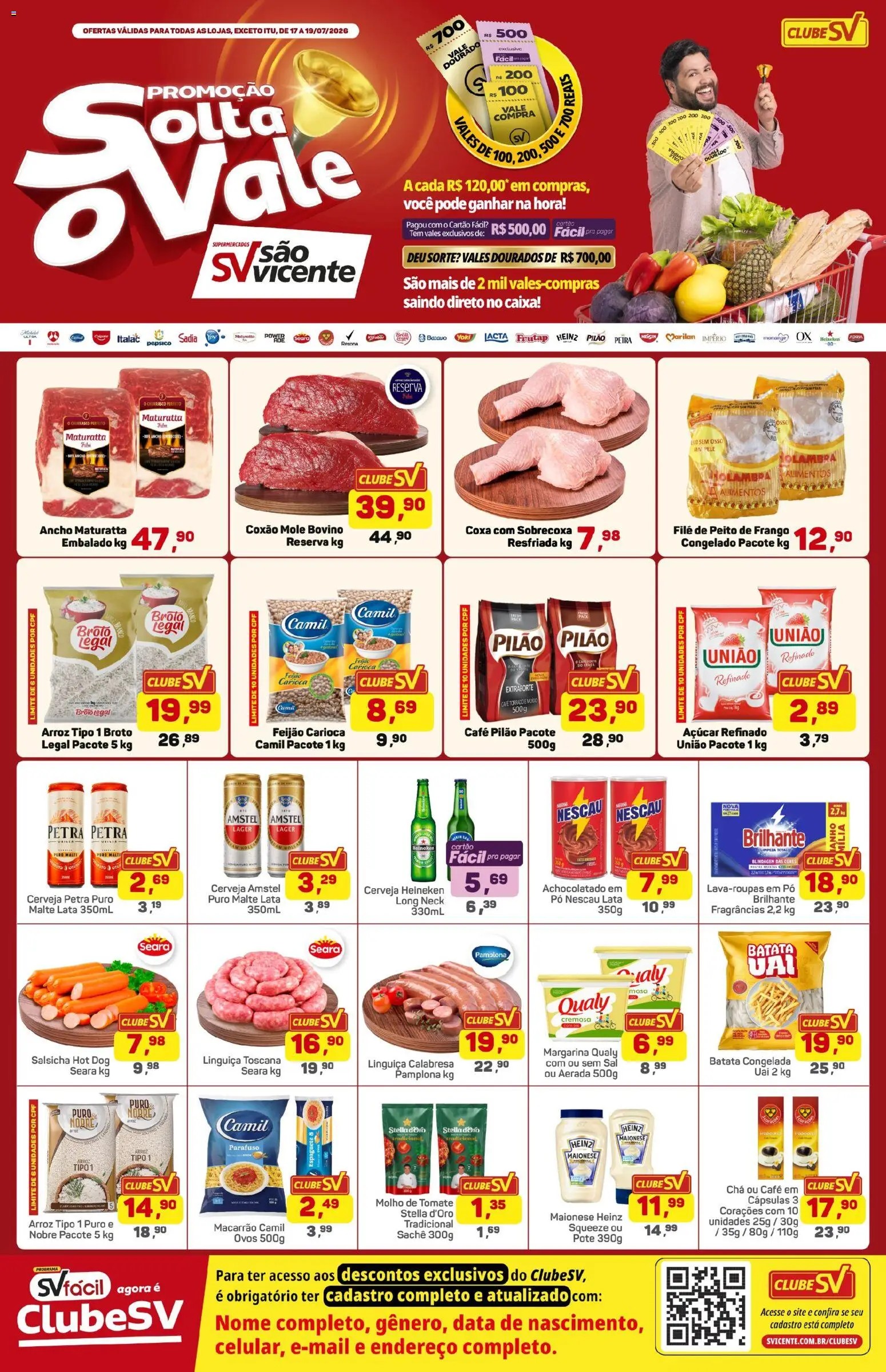 Supermercados São Vicente Folheto - válido de 17/07/2026 | Página: 1 | Produtos: Linguiça, Ovos, Frango, Maionese