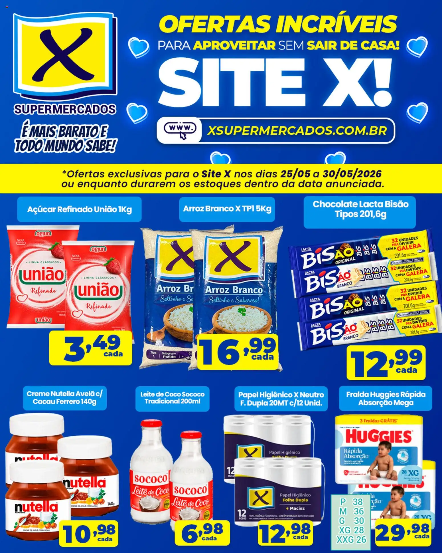 X Supermercados Folheto - válido de 25.05.2026 | Página: 2 | Produtos: Leite, Chocolate, Papel higiênico, Leite de coco