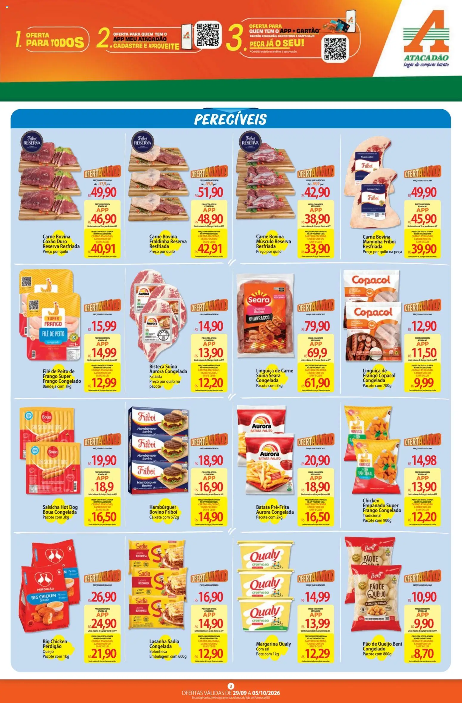 Atacadão Folheto - válido de 29/09/2026 | Página: 3 | Produtos: Carne bovina, Linguiça, Fraldinha, Pão