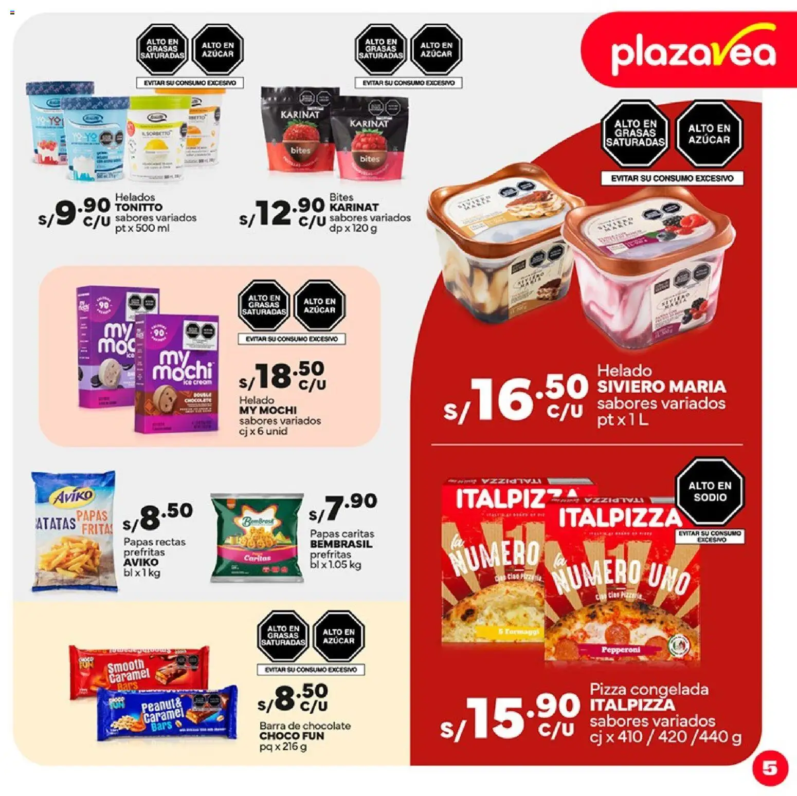 Catálogo Plaza Vea válido desde 01/09/2026 | Página: 5 | Productos: Barra de chocolate, Papas, Mochi, Pizza congelada