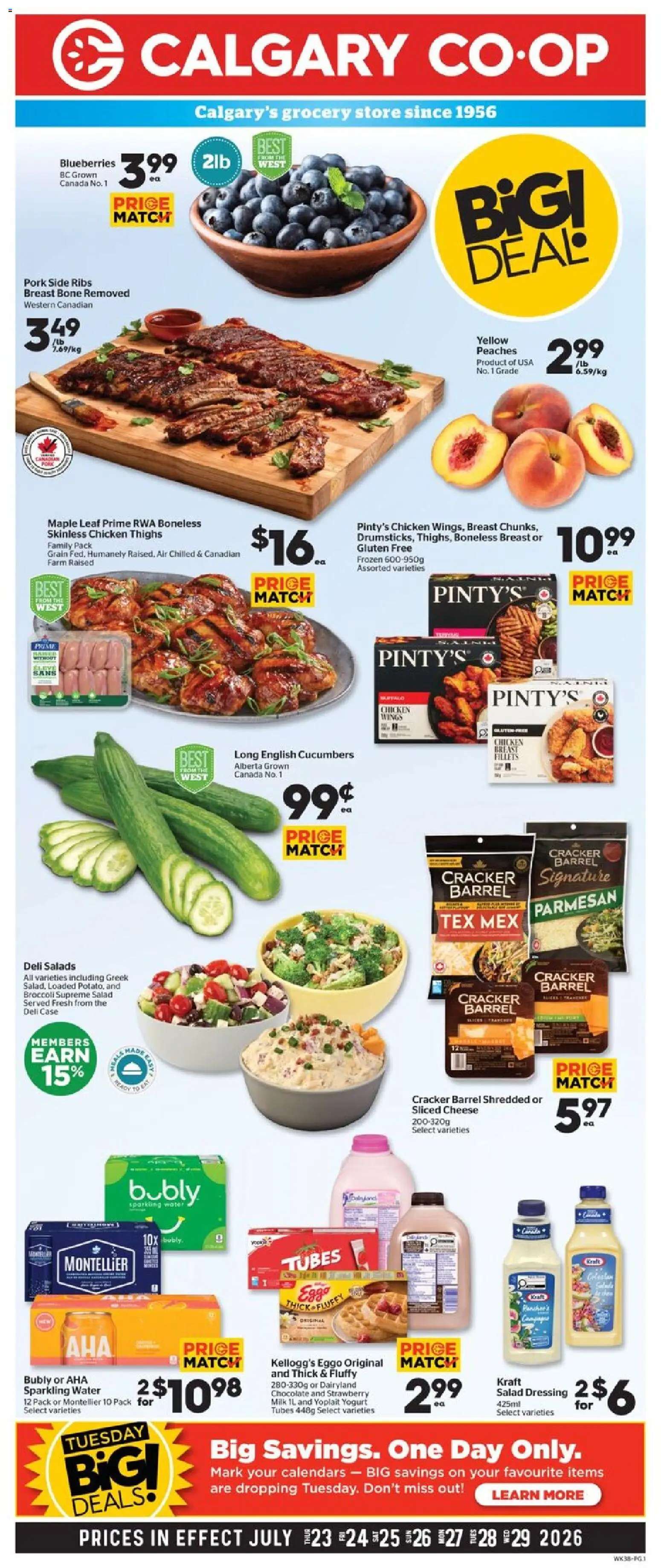 Calgary Co-op flyer valid from Jul 23, 2026 | Page: 1 | Products: Cucumbers, Salad, Milk, Vest