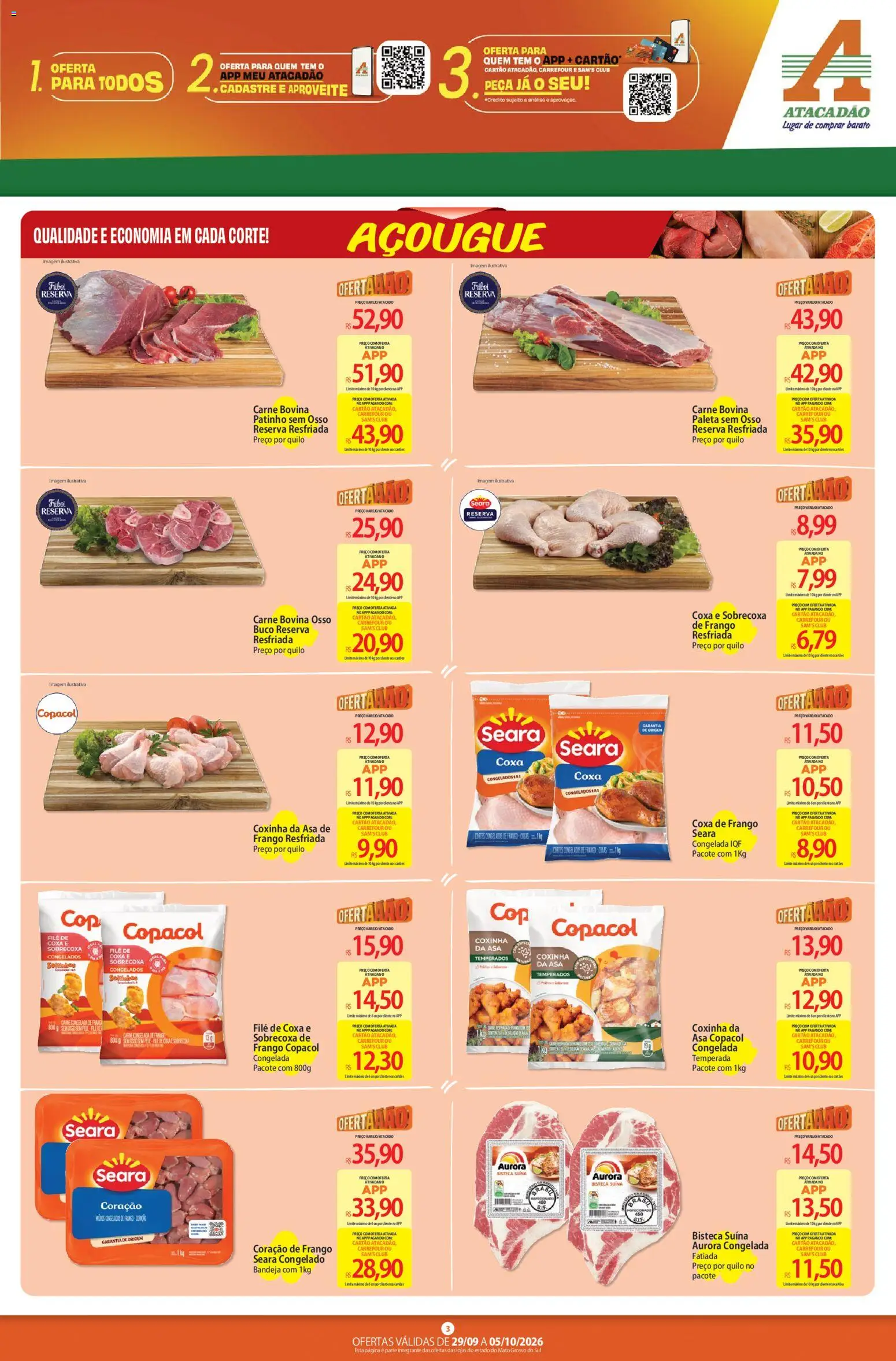 Atacadão Folheto - válido de 29/09/2026 | Página: 3 | Produtos: Coxa de frango, Coração de frango, Carne, Bandeja
