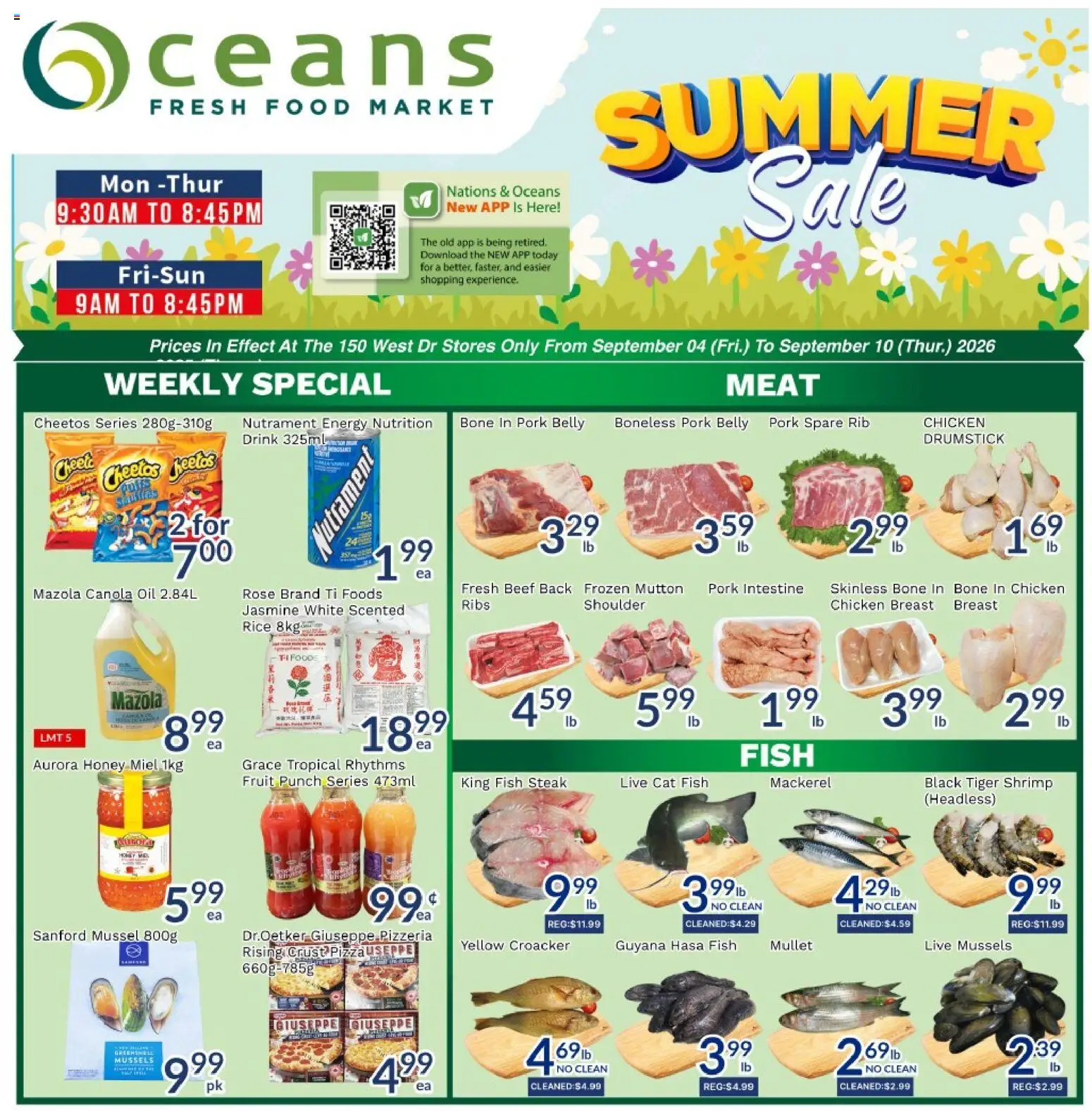Oceans flyer valid from Sep 4, 2026 | Page: 1 | Products: Pork belly, Steak, Honey, Chicken