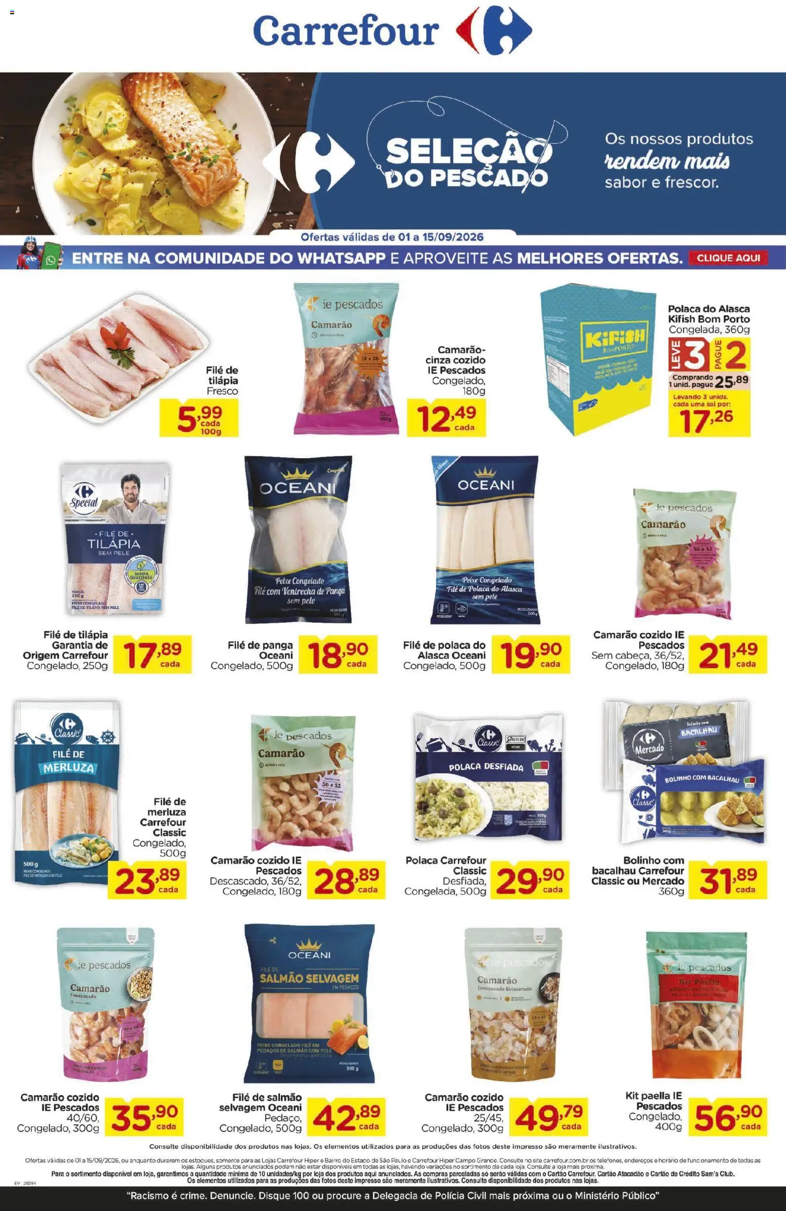 Carrefour Folheto - válido de 01/09/2026 | Página: 1 | Produtos: Salmão, Bacalhau, Filé de salmão, File de polaca