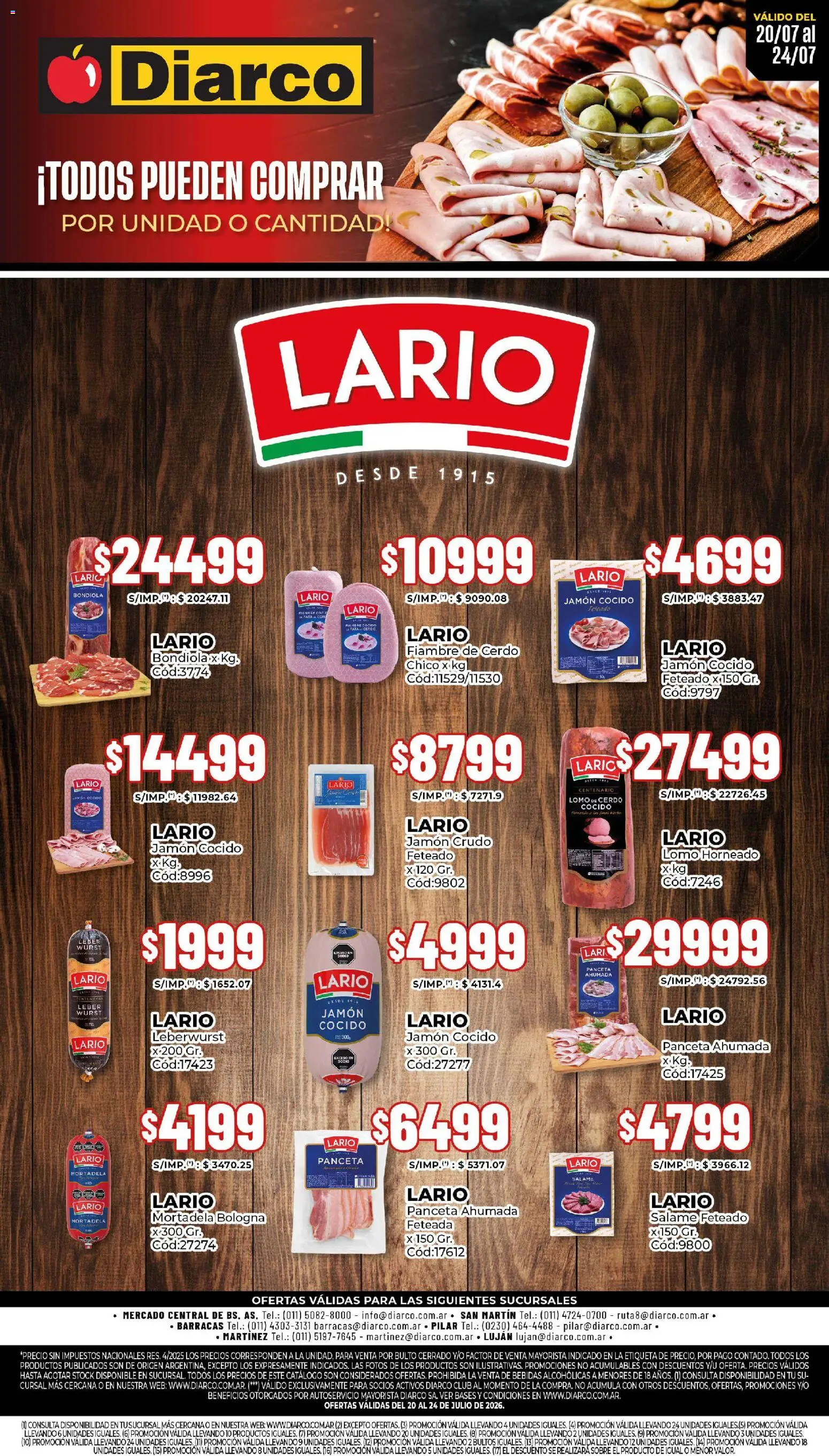 Diarco - Especial Lario │ válido desde el 20/07/2026 | Página: 1 | Productos: Sobre, Jamón cocido, Mortadela, Panceta