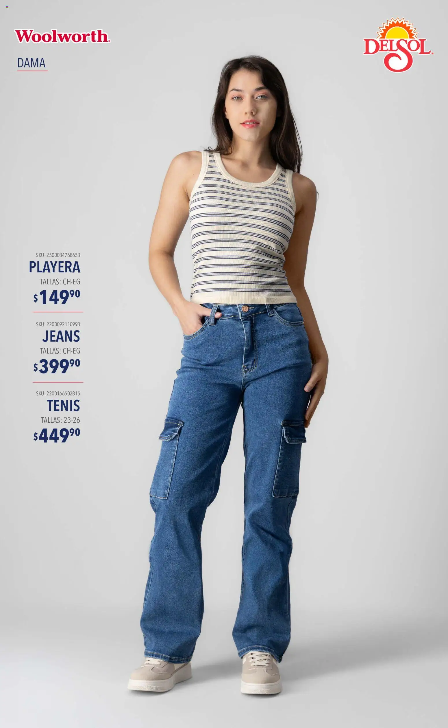 Nuevas ofertas de Del Sol y Woolworth válidas en toda la República Mexicana desde el 10/09/2026. ¡Encuentra las mejores ofertas en Del Sol y Woolworth catálogo Moda Esenciales! | Página: 2 | Productos: Tenis, Playera